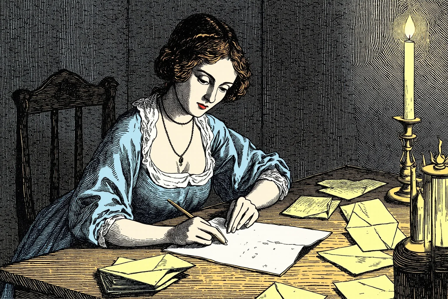 Lord Byron and Lady Caroline Lamb: History's Messiest Love Story 9 Illustration of a Regency woman writing an urgent letter by candlelight, envelopes scattered on a desk