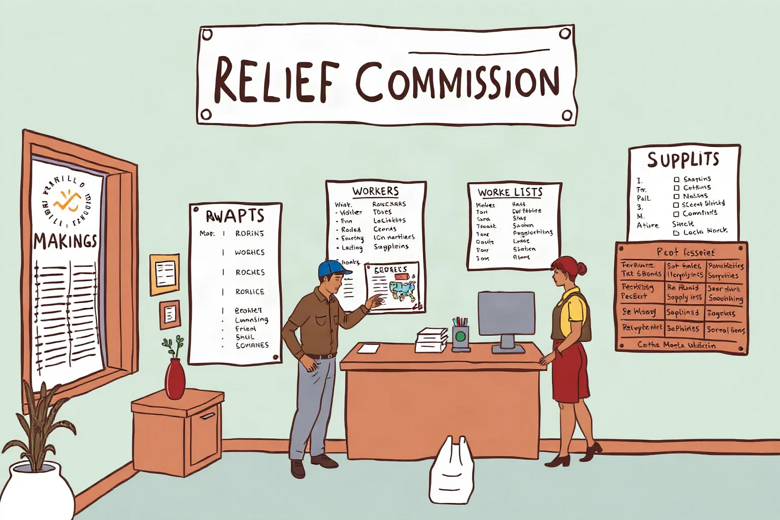 Illustration of a relief commission office with maps, workers, and supply lists on a wall