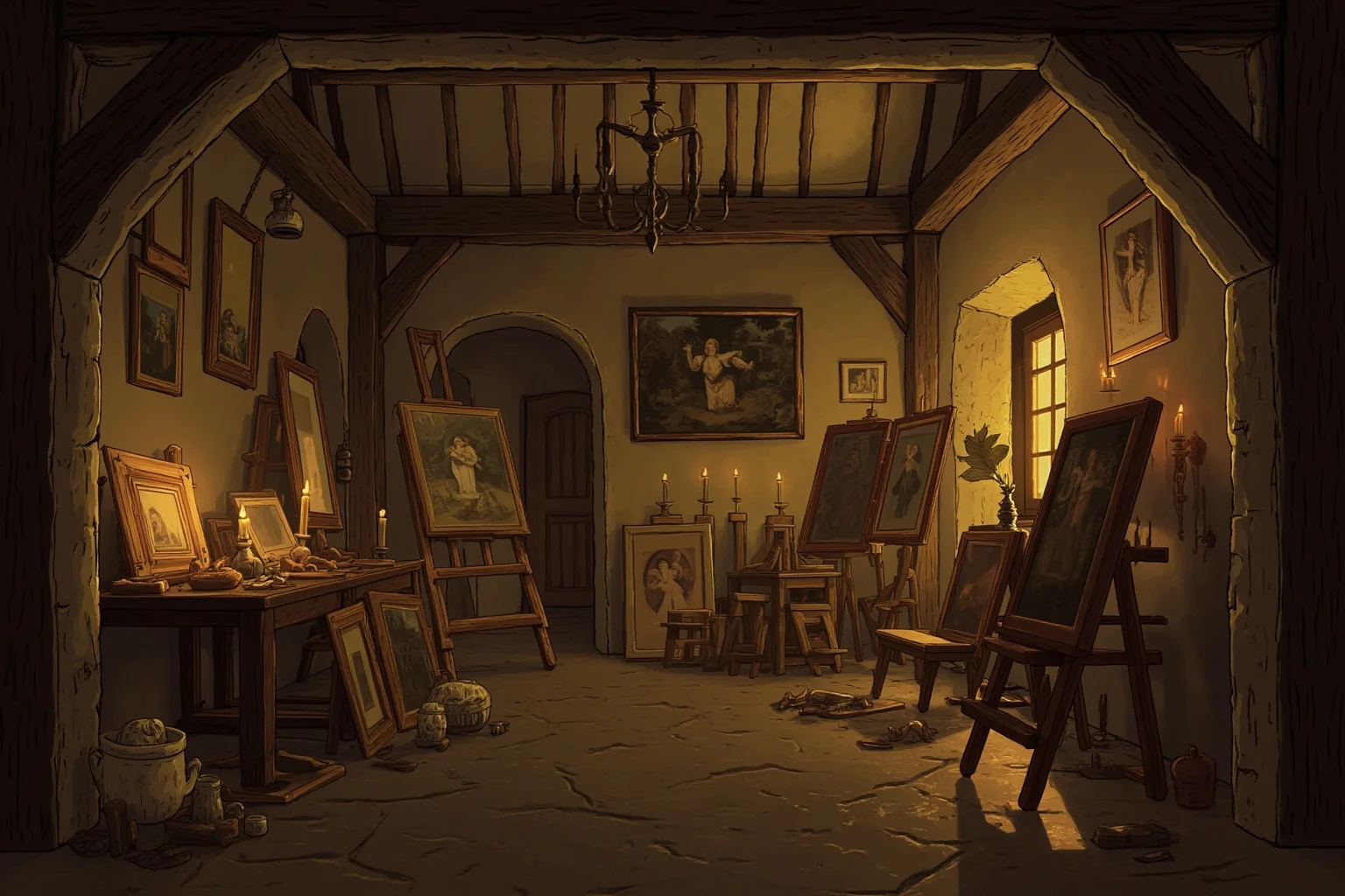 Illustration of a Renaissance artist's workshop filled with unfinished paintings and sketches, warm candlelight, historical atmosphere