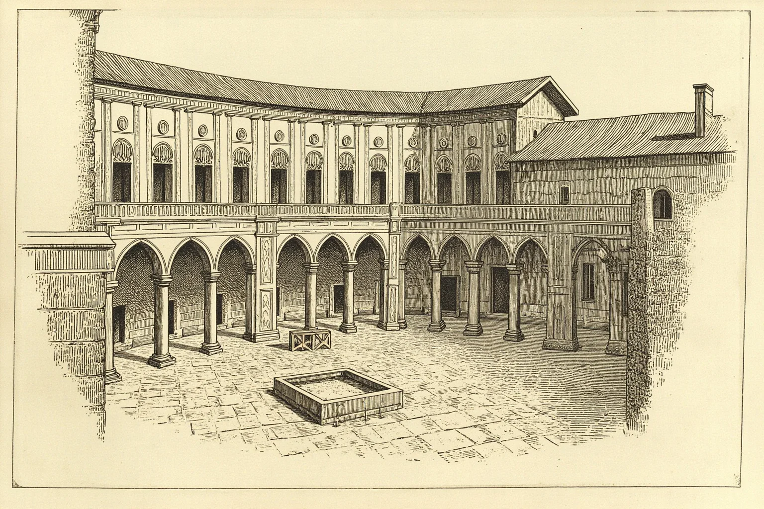 Illustration of a Renaissance-era anatomical theater and stone courtyard at the University of Padua