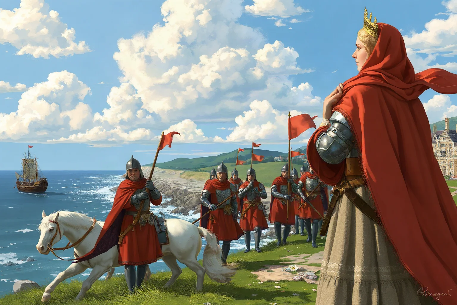 Illustration of a Renaissance-era queen addressing armored soldiers on a coastal battlefield, ships in the distant sea