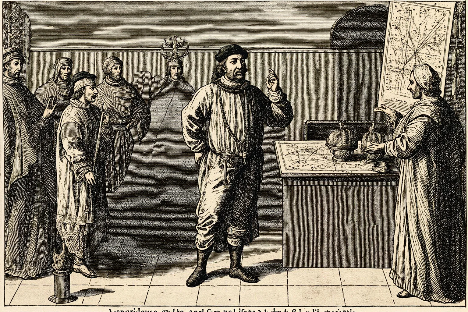 24 Historical Figures Who Became Martyrs for Their Cause 9 Illustration of a Renaissance philosopher standing before hooded inquisitors, astronomical charts nearby