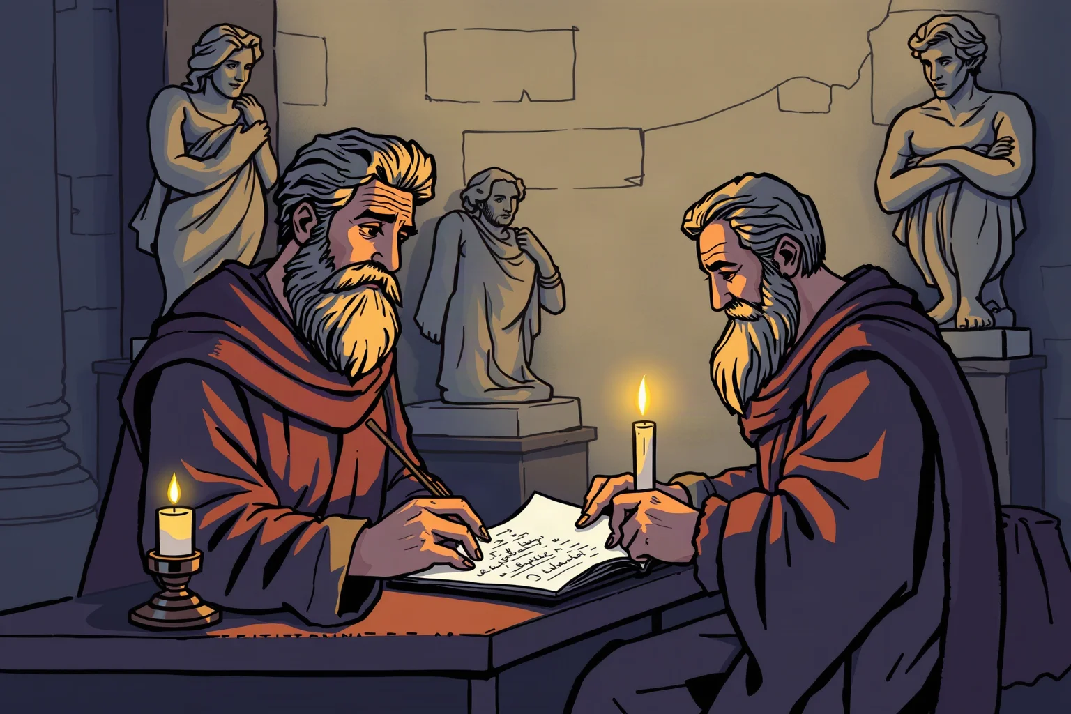 Illustration of a Renaissance sculptor writing a letter by candlelight, marble sculptures in the background