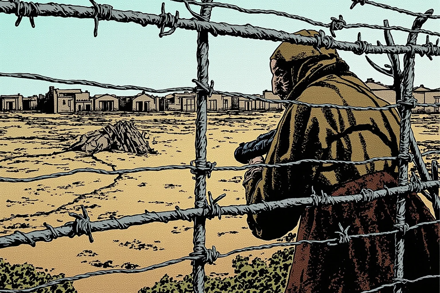 Unsung Heroes History Doesn't Talk About Enough 18 Illustration of a resistance figure in worn clothing looking through a barbed-wire fence toward a grim wartime camp in the distance