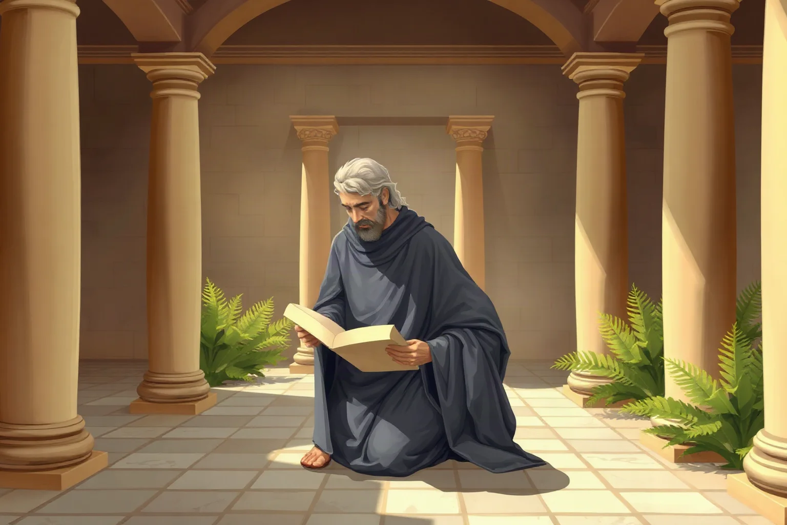 Illustration of a robed ancient Greek scholar writing in a scroll inside a columned academy courtyard