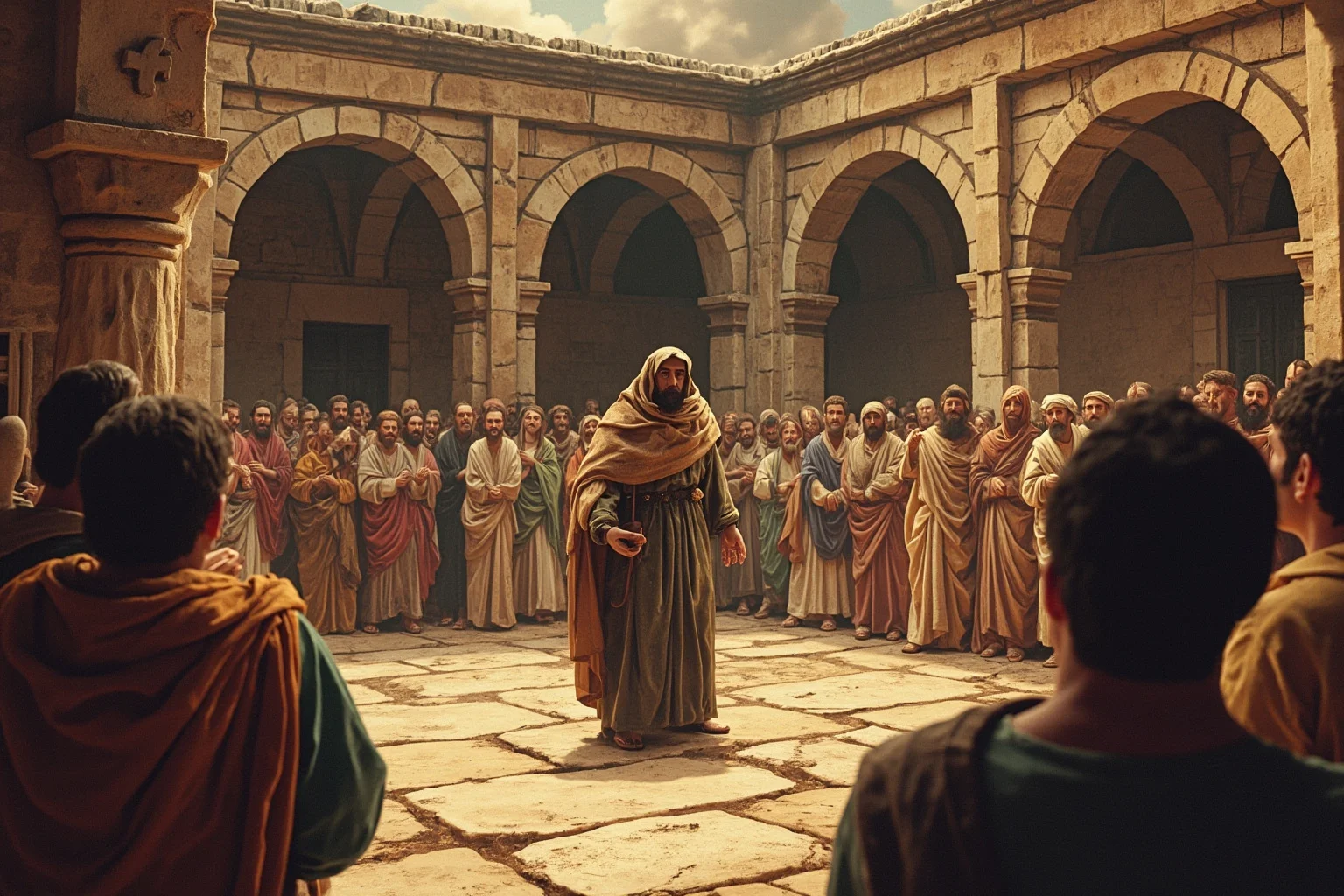 24 Historical Figures Who Became Martyrs for Their Cause 4 Illustration of a robed figure in an ancient stone courtyard facing a hostile crowd, early Christian era setting