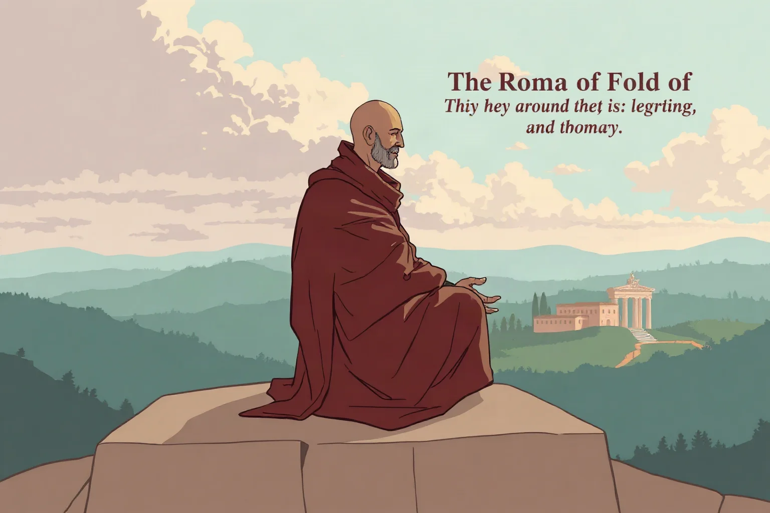 Illustration of a robed figure meditating cross-legged on a stone platform overlooking Roman hills