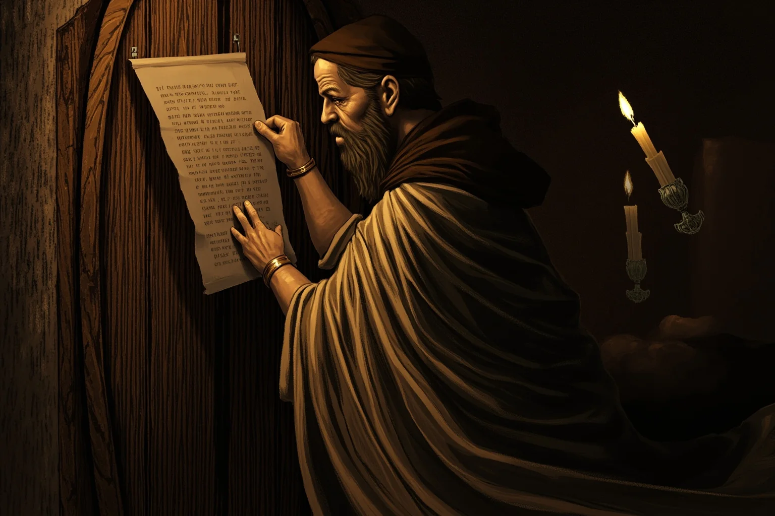 History's Greatest Rebels That Challenged the Status Quo 7 Illustration of a robed monk nailing a parchment document to a wooden church door, dramatic candlelit medieval scene
