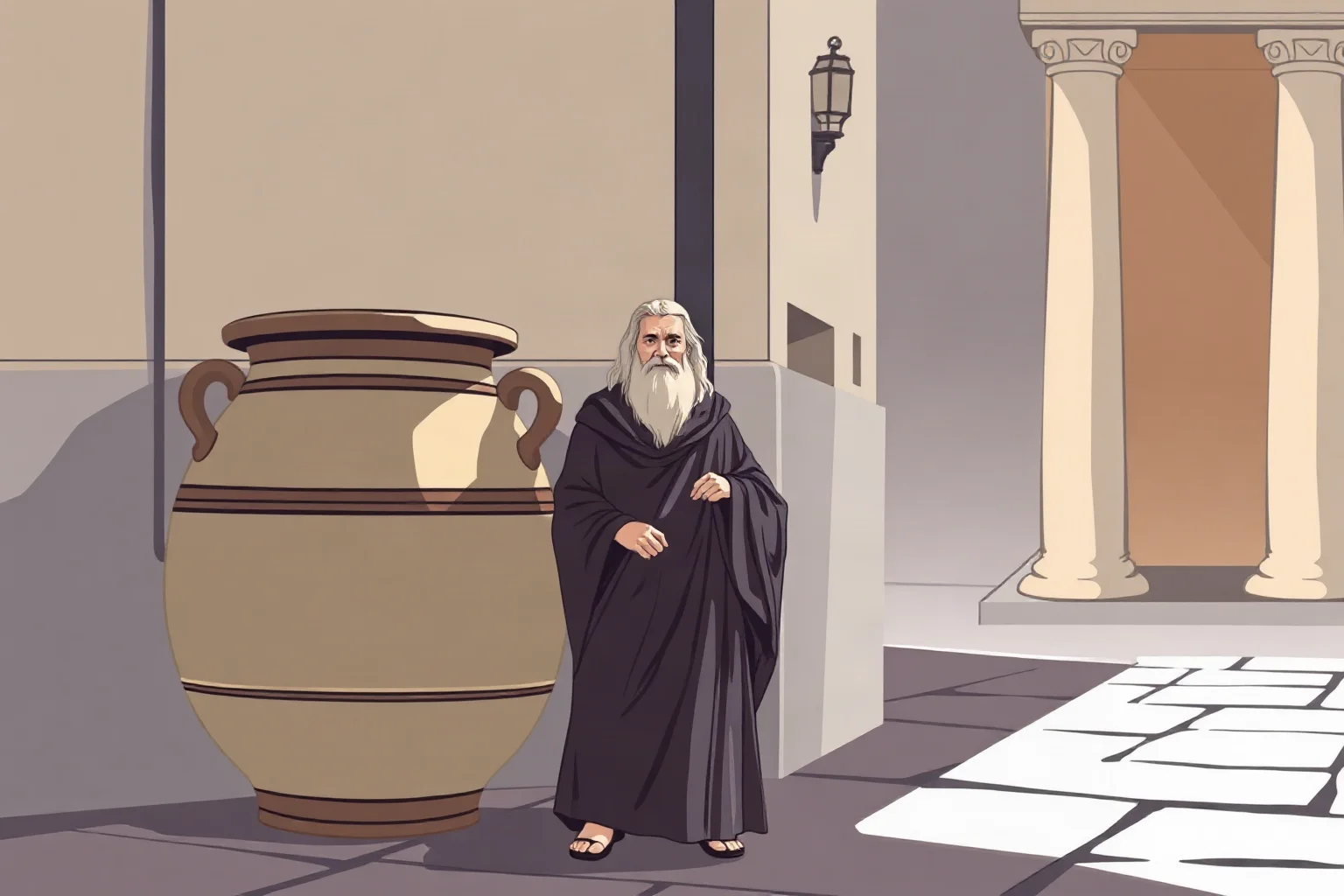 Illustration of a robed philosopher beside a large ceramic jar in a sunlit street, minimalist ancient Greek style