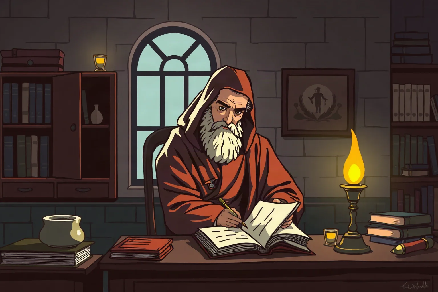 Illustration of a robed philosopher writing letters by lamplight in a modest Roman study