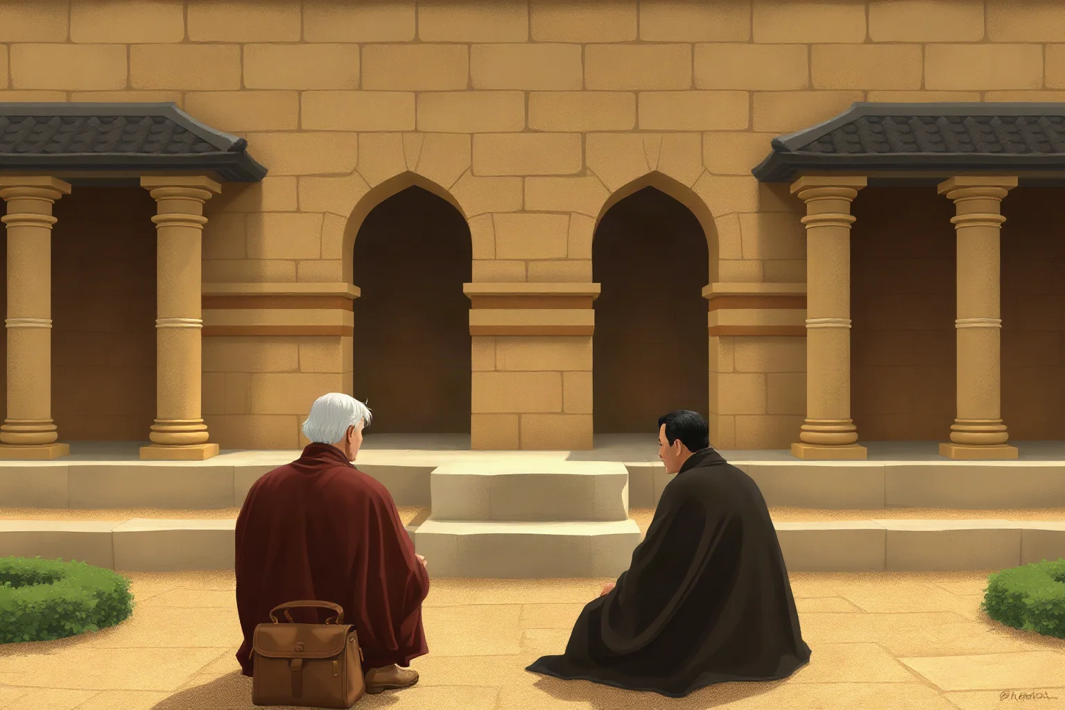 Illustration of a robed teacher speaking calmly to a seated student inside a stone courtyard, warm tones