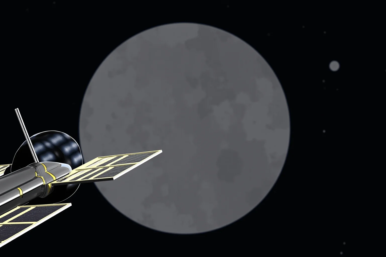 Facts About The Space Race: 25 Things Everyone Gets Wrong (or Right) 11 Illustration of a robotic space probe with solar panels approaching a gray cratered moon-like planet