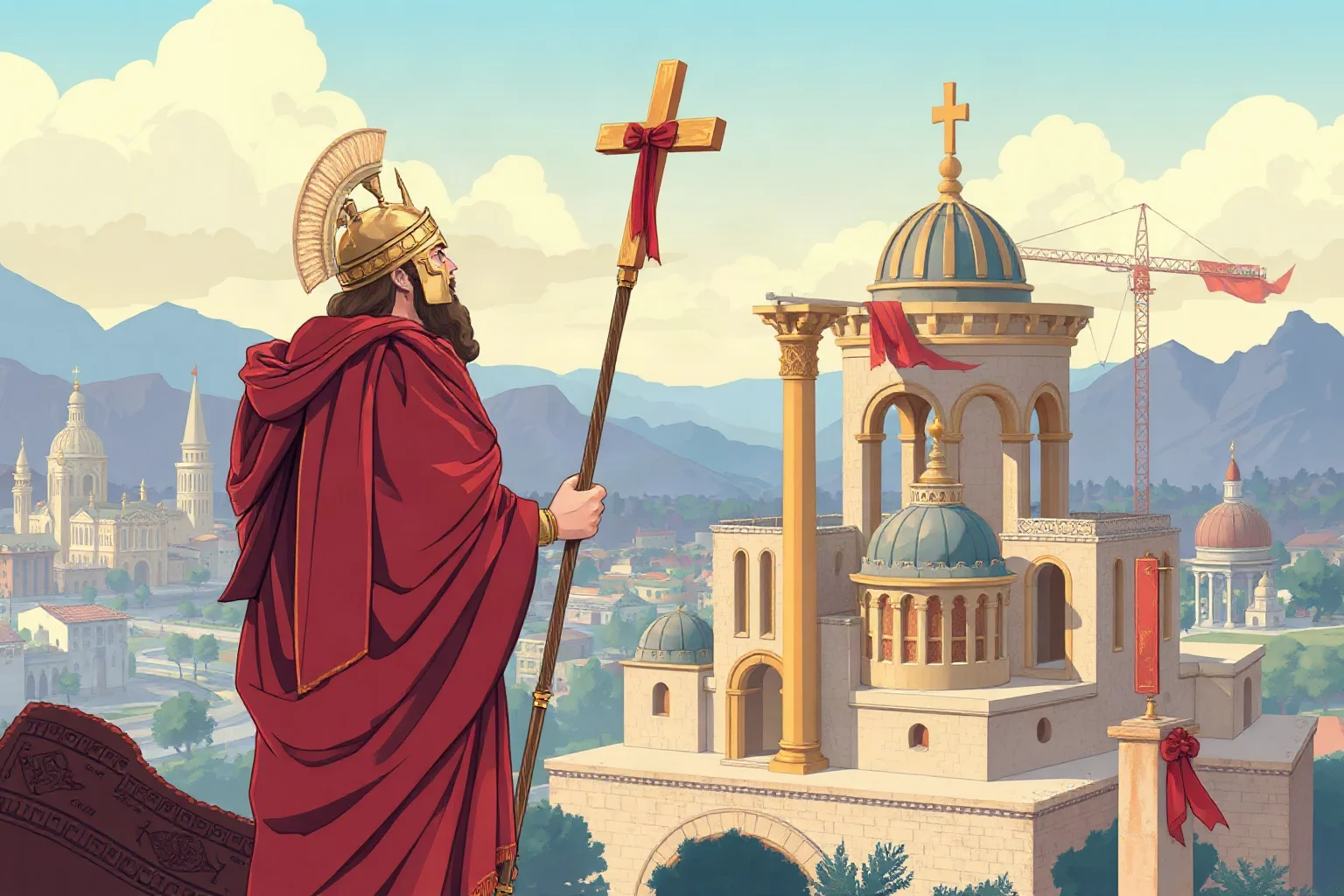 Illustration of a Roman emperor holding a Christian symbol before a grand new eastern city under construction
