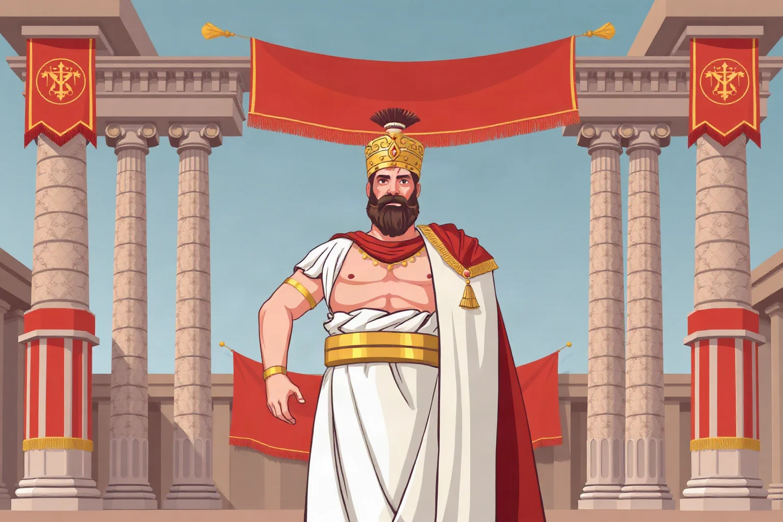 Illustration of a Roman emperor in a toga standing before grand marble columns and imperial banners