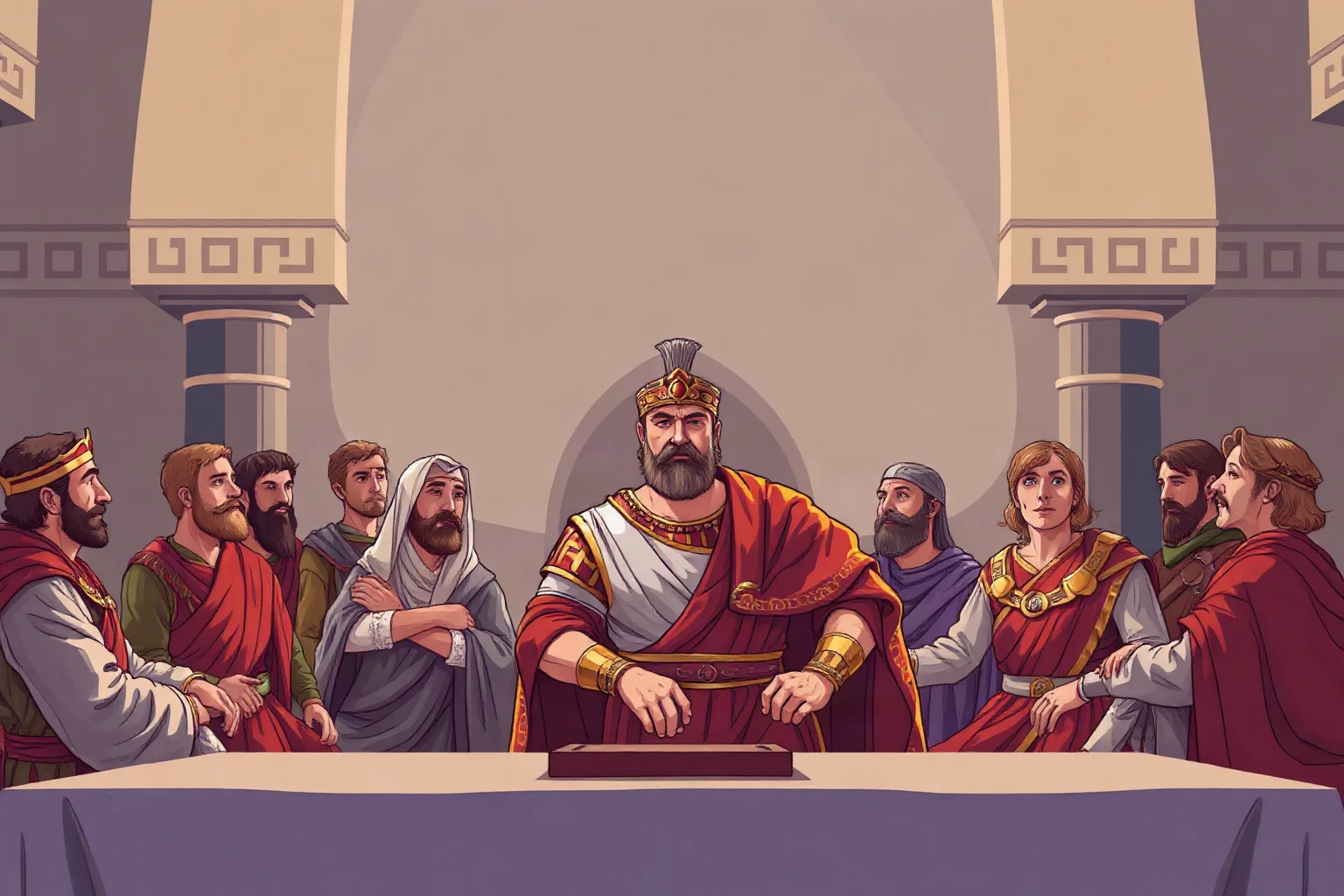 Illustration of a Roman emperor in formal dress presiding over a council of co-rulers