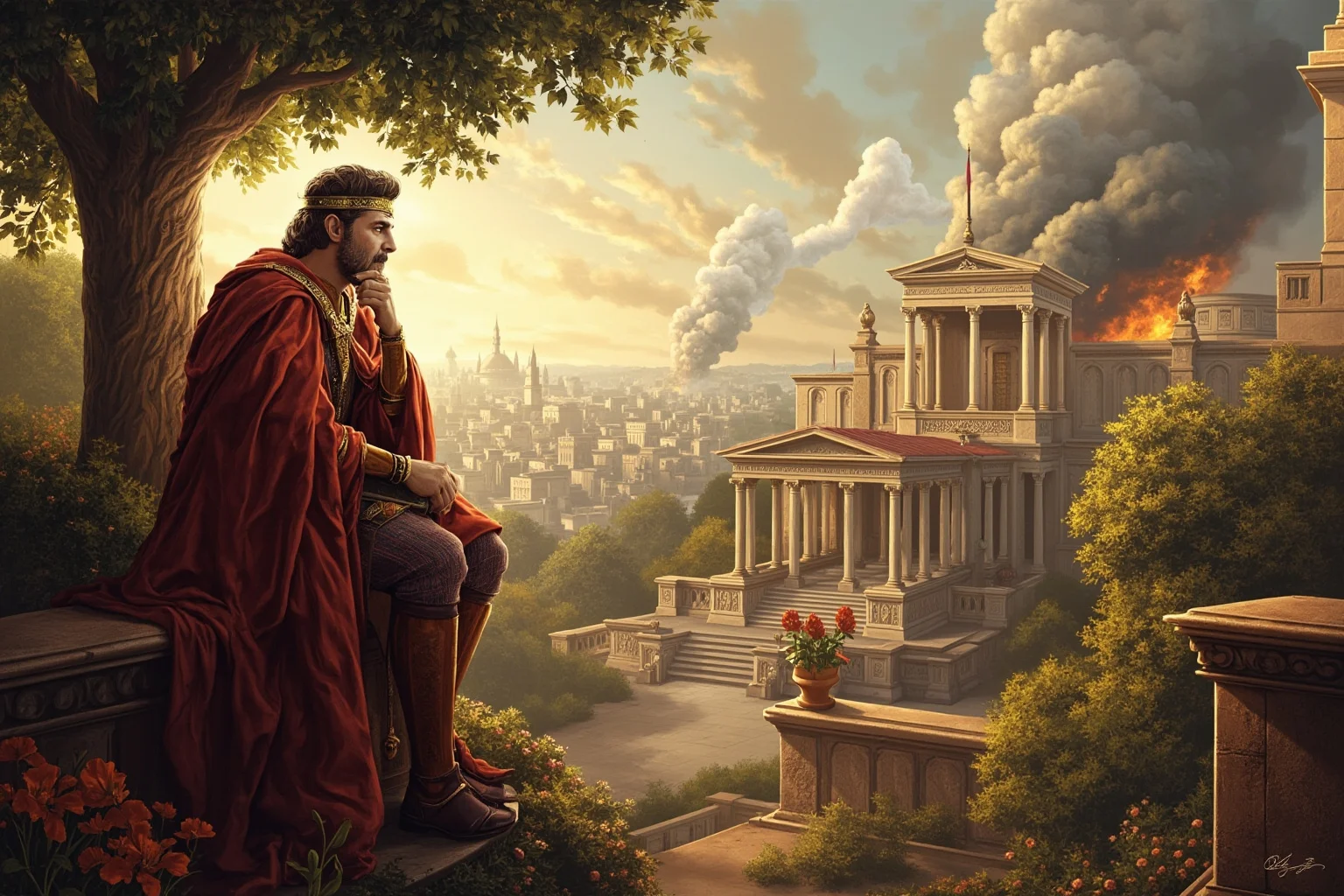 10 of History's Most 'Impactful' Leaders Who Actually Did Almost Nothing 6 Illustration of a Roman emperor in ornate robes distracted in a quiet palace garden while distant smoke rises over a besieged city in the background, painterly historical style