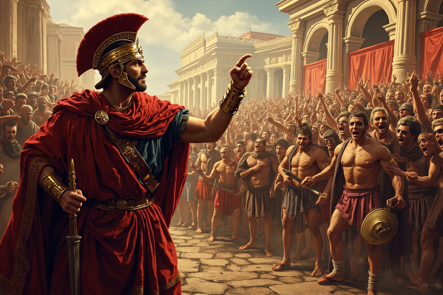 Monarchs Whose Reigns Were Hilariously Short 15 Illustration of a Roman emperor in ornate robes being confronted by an angry crowd in a Roman street