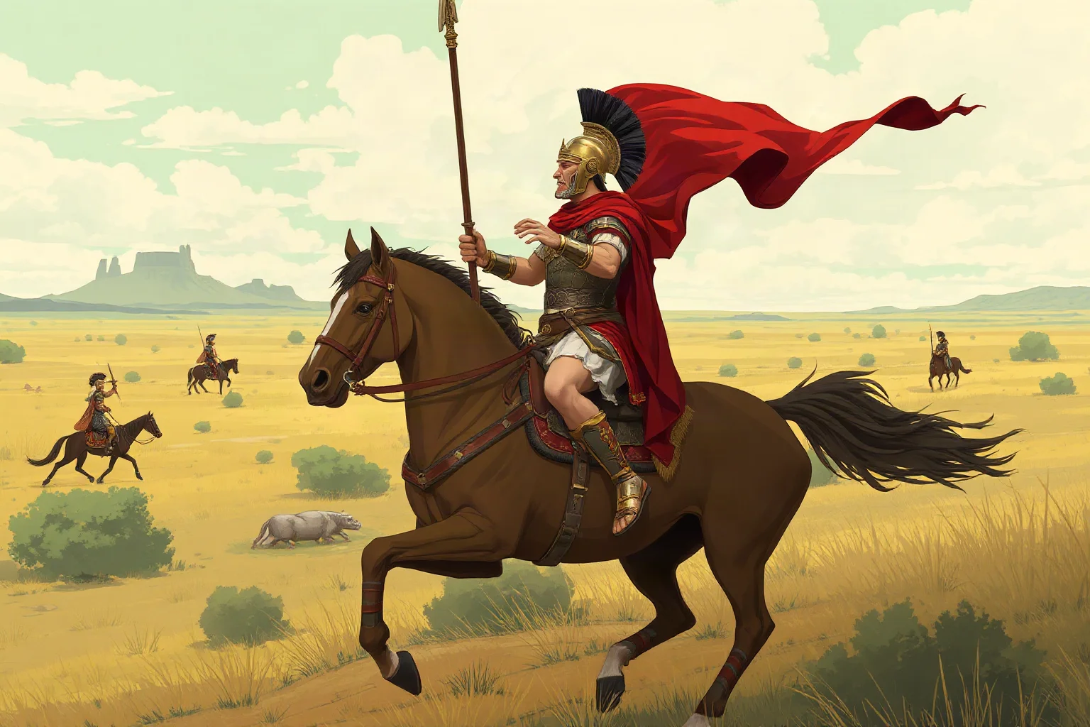 Illustration of a Roman emperor on horseback leading legions across a vast frontier landscape