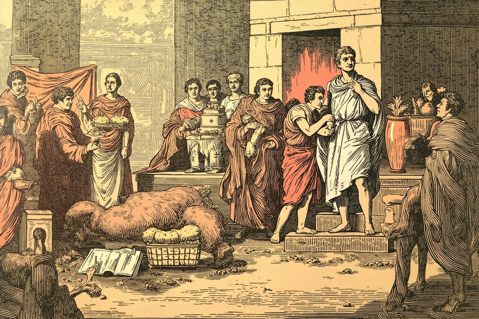 Illustration of a Roman emperor statue being honored with offerings at a temple altar
