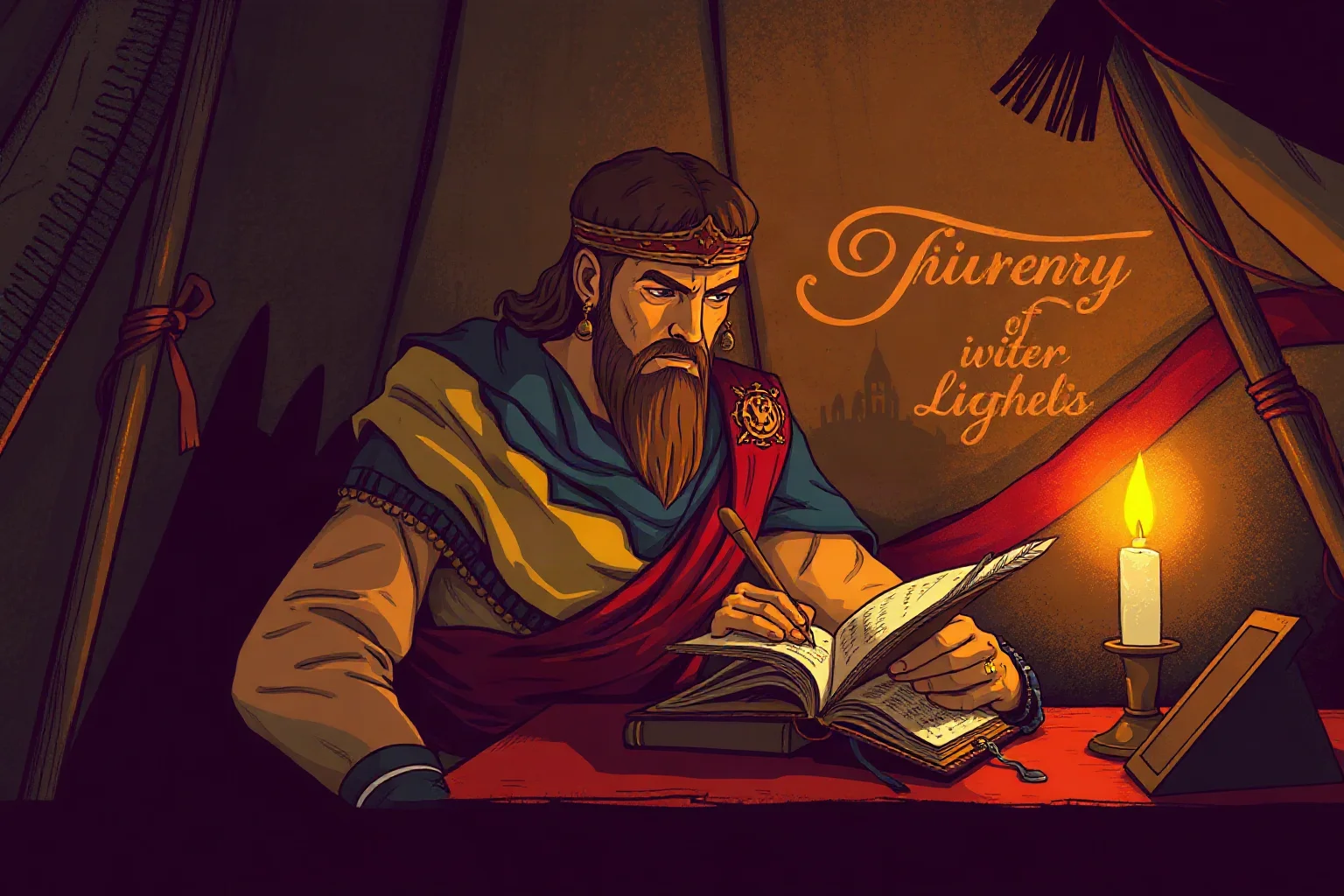 Illustration of a Roman emperor writing quietly by candlelight in a military tent, journal and quill in hand