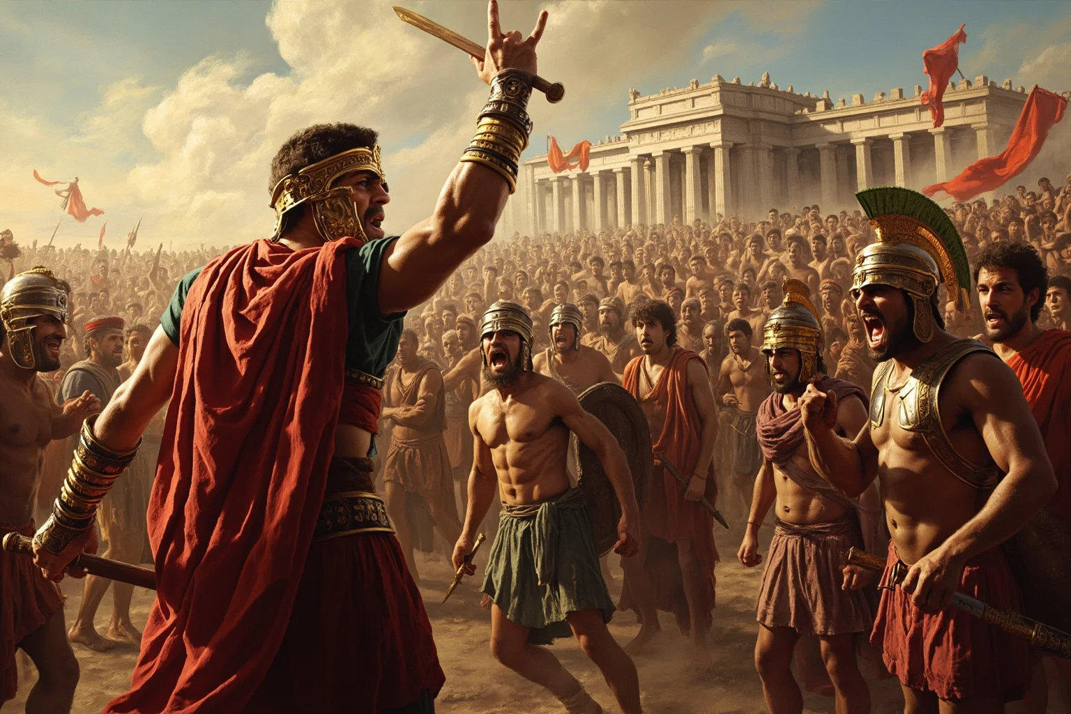 Illustration of a Roman-era gladiator rallying a crowd of escaped enslaved people, historical painting style