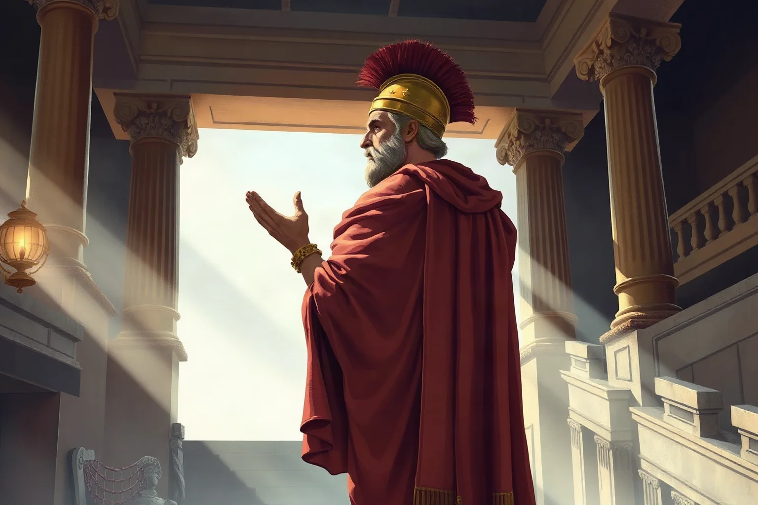 Illustration of a Roman general in a toga addressing the Senate, dramatic ancient Rome interior