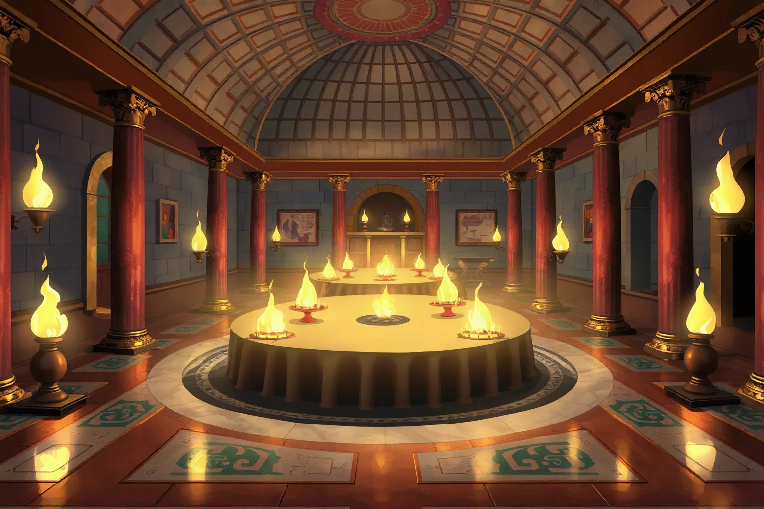 Illustration of a Roman imperial banquet hall with mosaic floors and flickering oil lamps