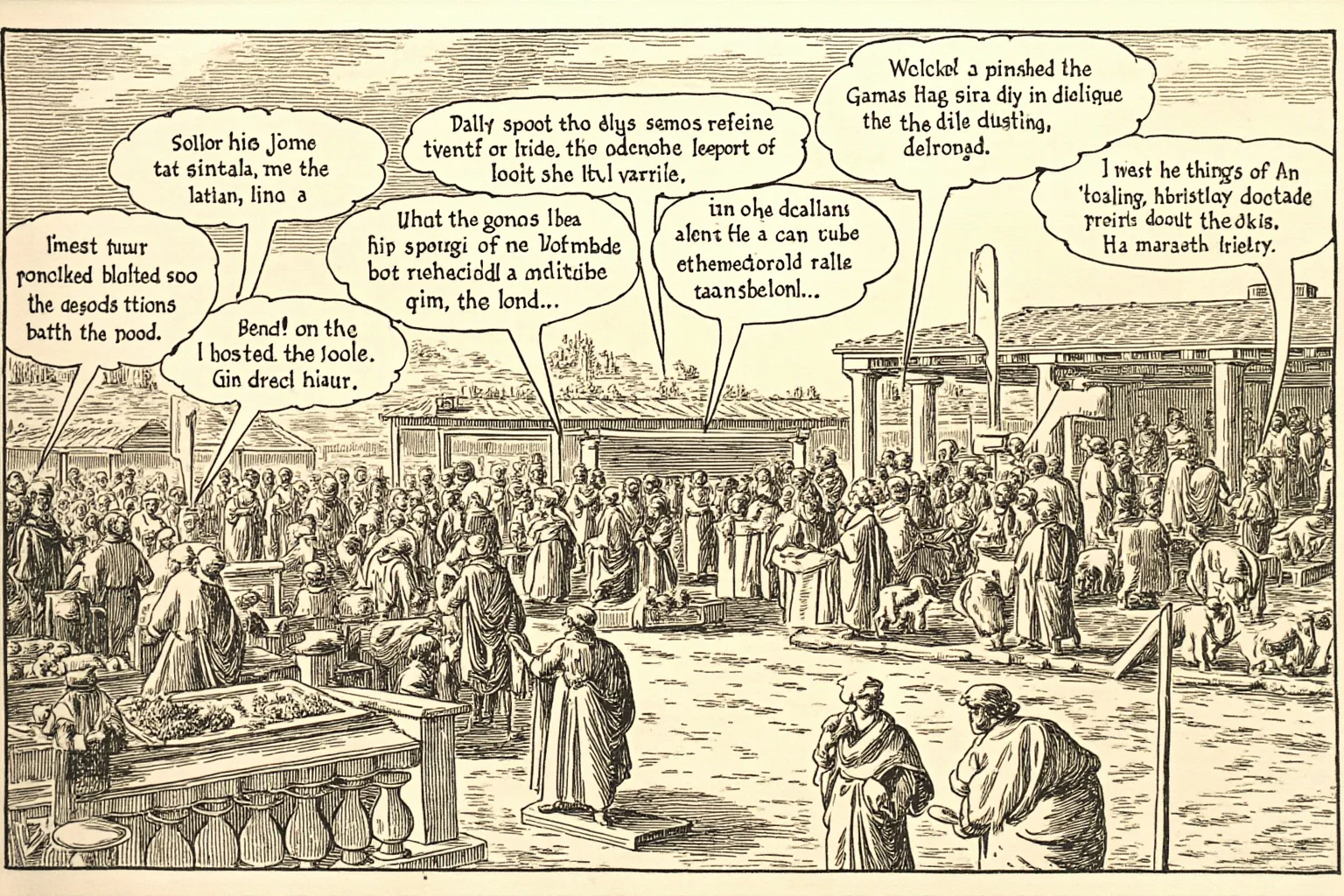 Illustration of a Roman marketplace scene with speech bubbles showing different regional Latin dialects