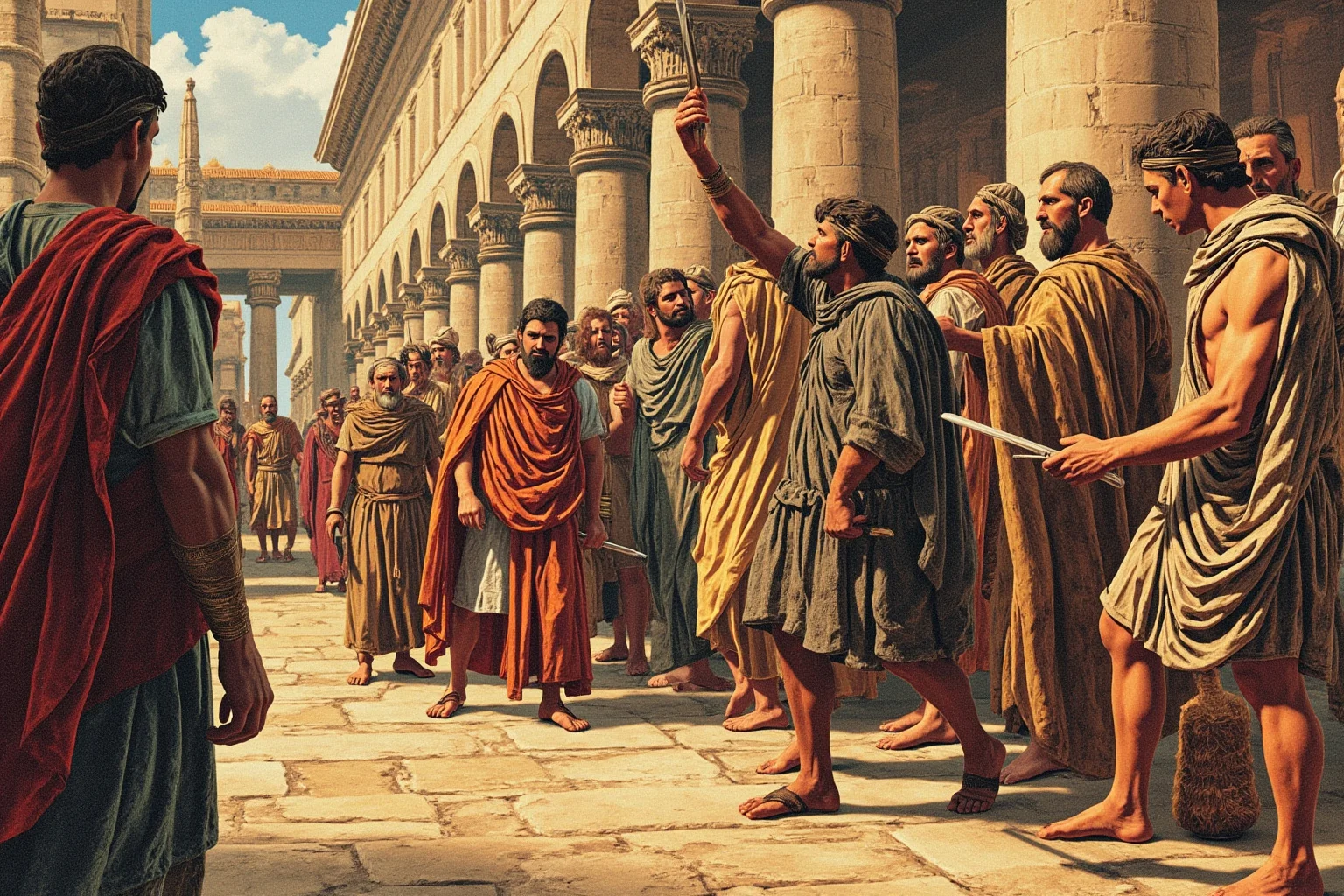 Illustration of a Roman marketplace showing enslaved workers and free citizens side by side, respectful historical depiction