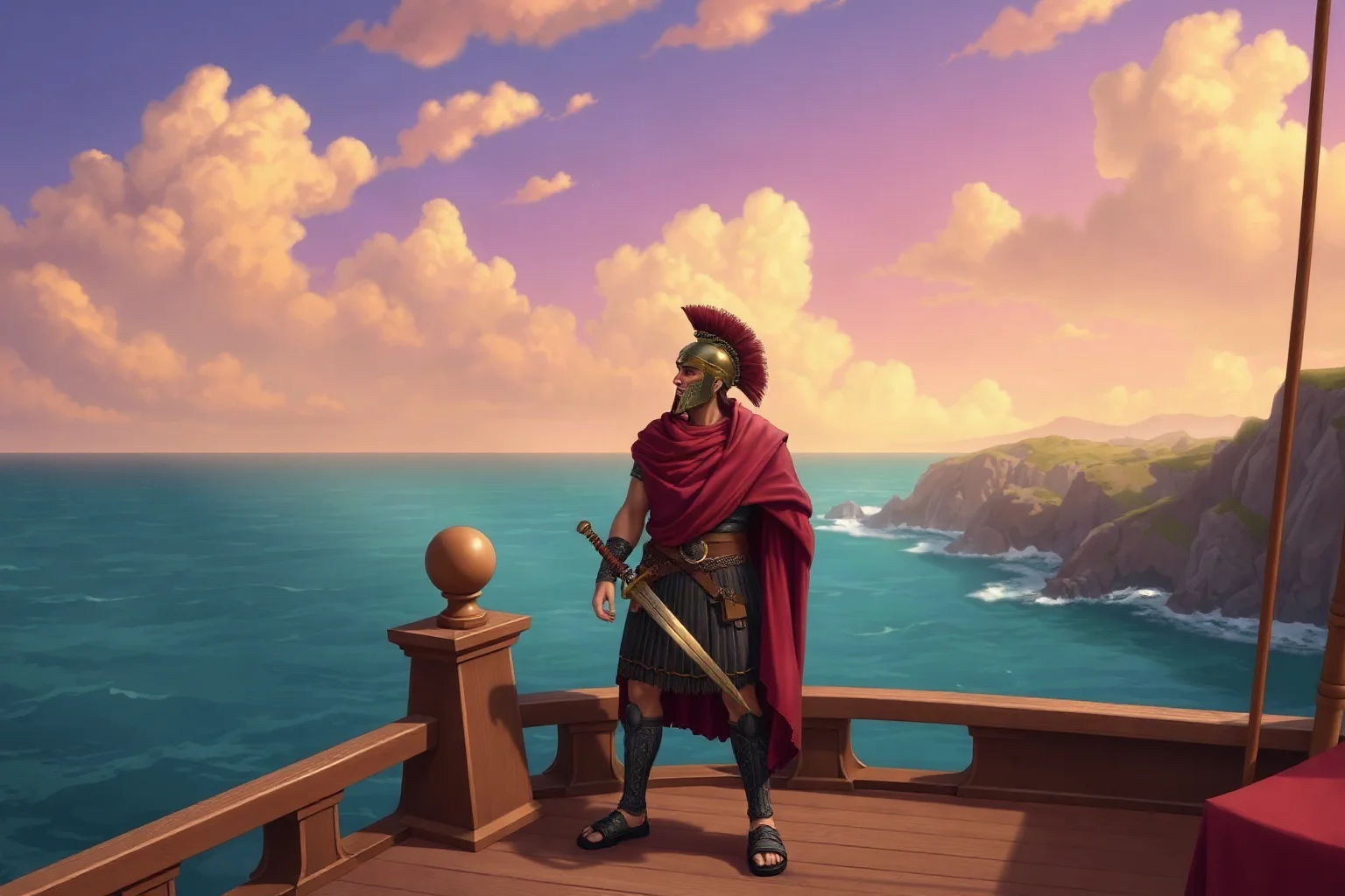 Illustration of a Roman military commander standing on a ship's deck near a Mediterranean coastline