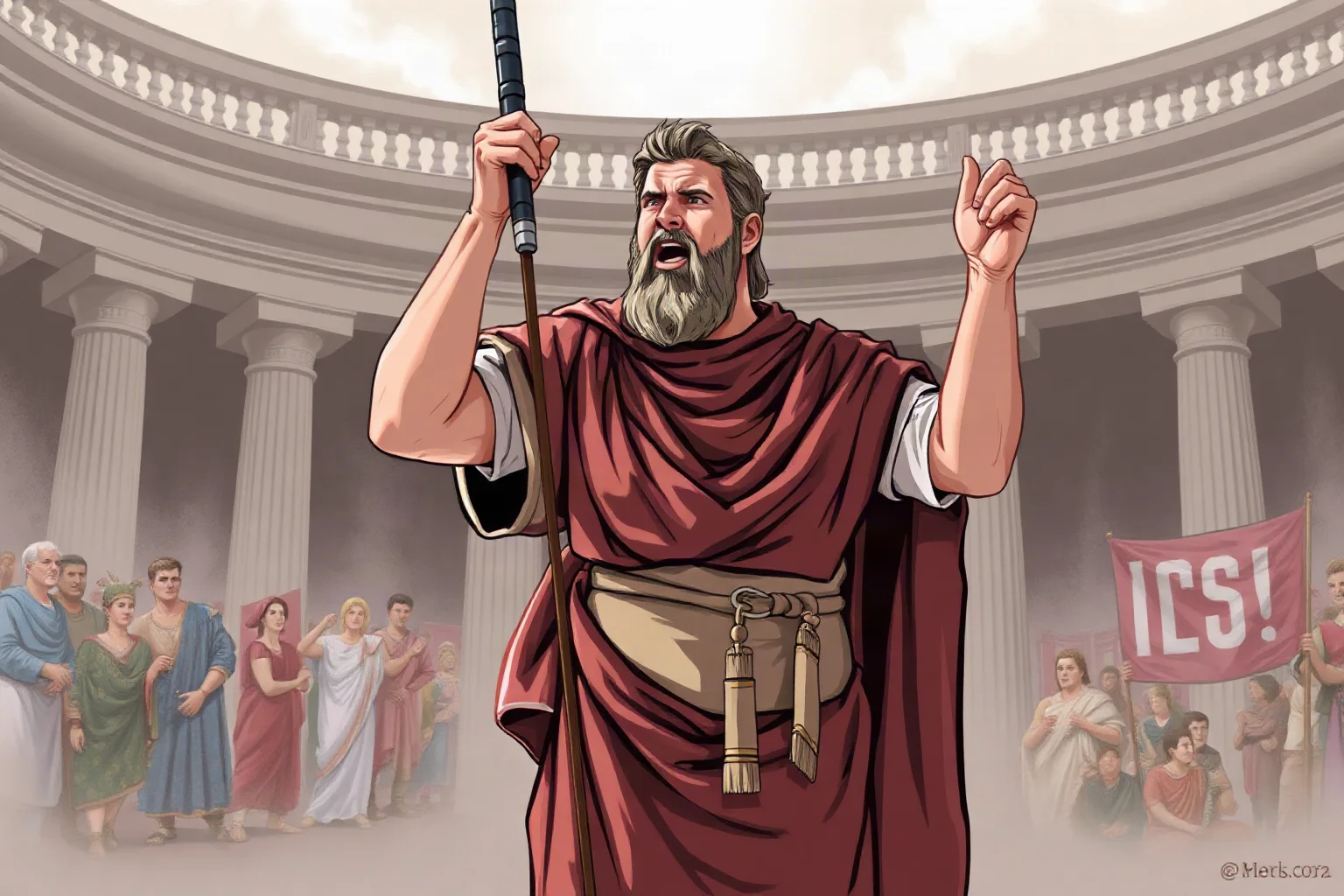 Illustration of a Roman orator in a toga delivering a passionate speech before the Senate