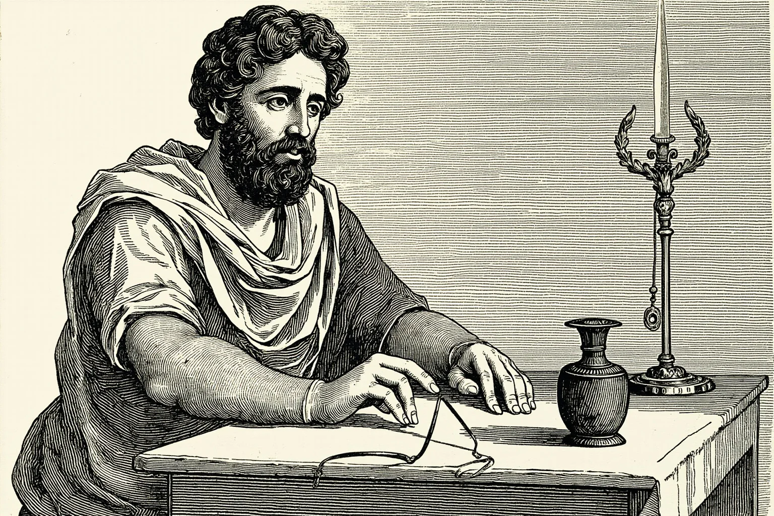 Illustration of a Roman physician examining surgical tools on a table, historical medical scene