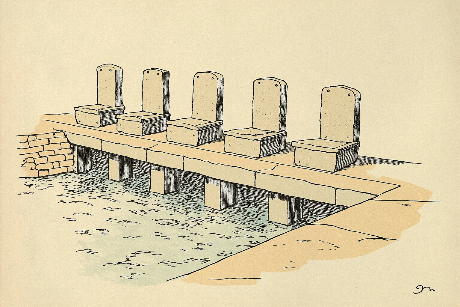 Illustration of a Roman public latrine with a row of stone seats over a water channel