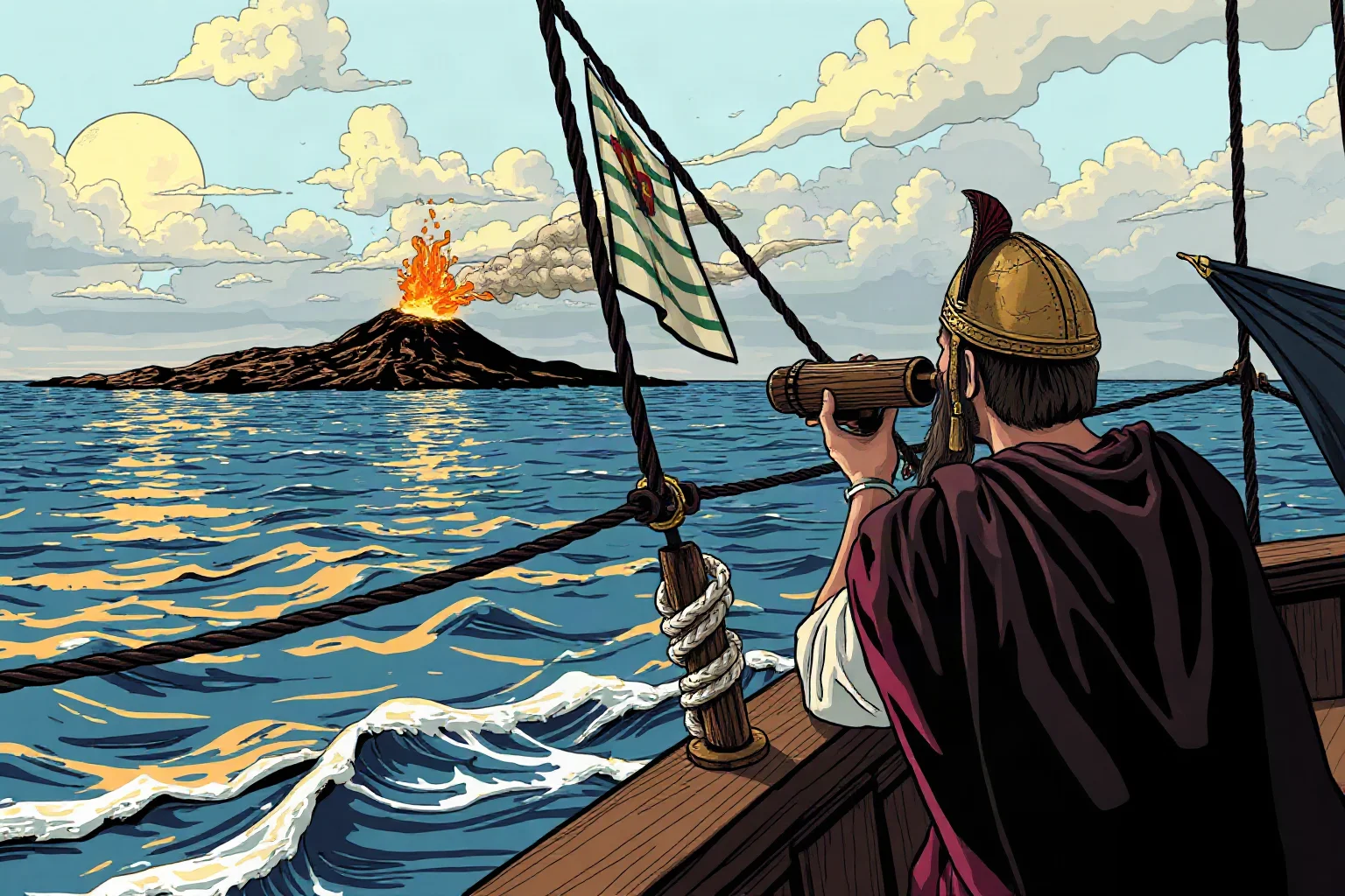 Illustration of a Roman scholar observing a distant erupting volcano from a ship near the coast