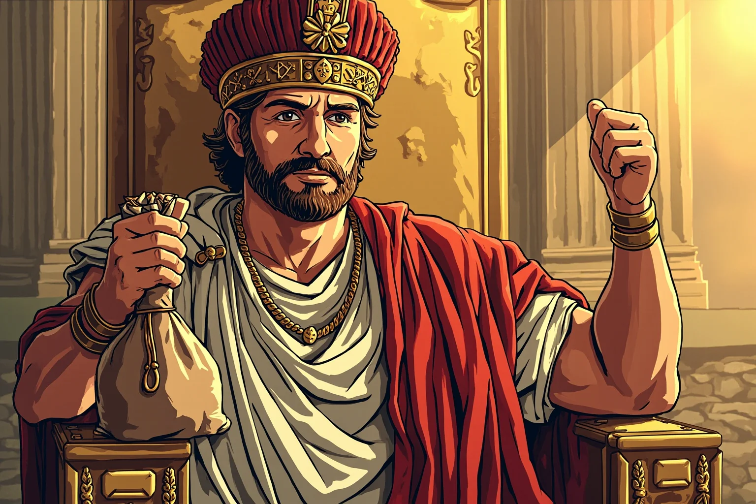 Monarchs Whose Reigns Were Hilariously Short 11 Illustration of a Roman senator in a toga holding a bag of coins beside an imperial throne, symbolizing a purchased crown