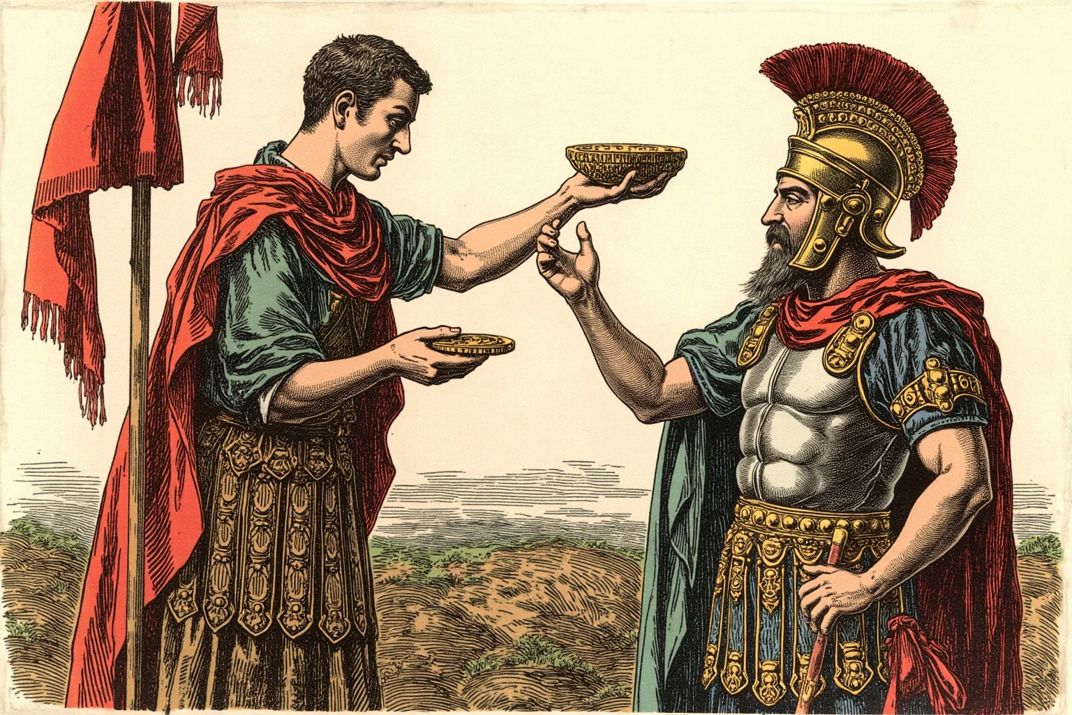 Illustration of a Roman soldier receiving payment in coins from an official, ancient military scene