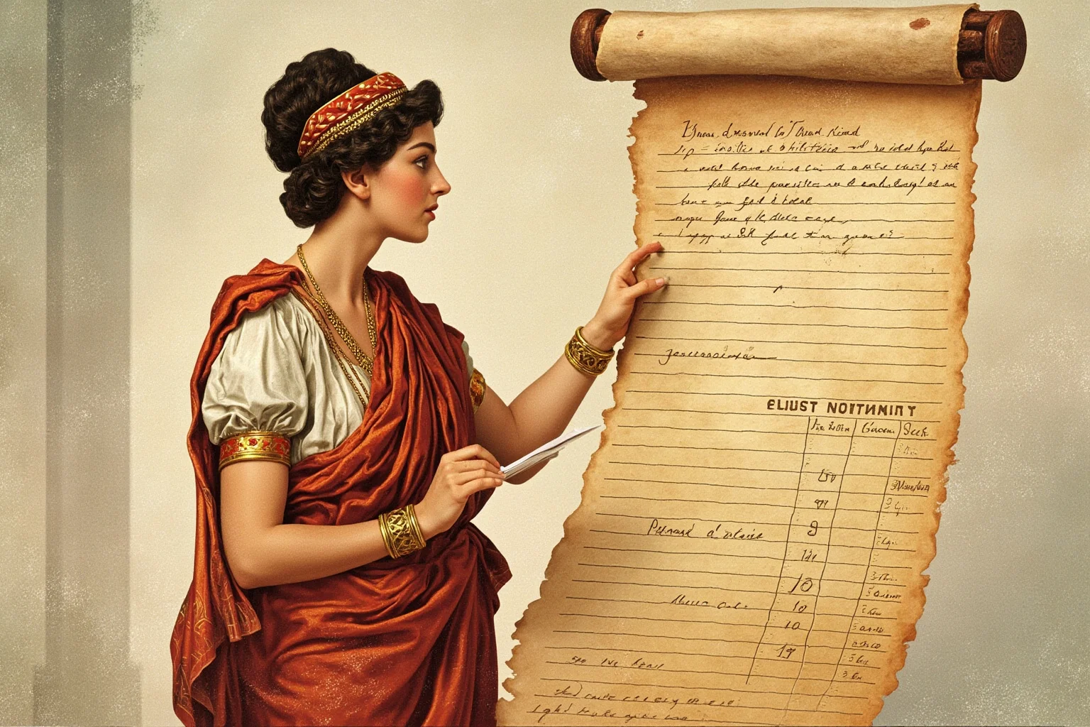 Illustration of a Roman woman in fine dress reviewing a scroll or ledger, depicting property ownership