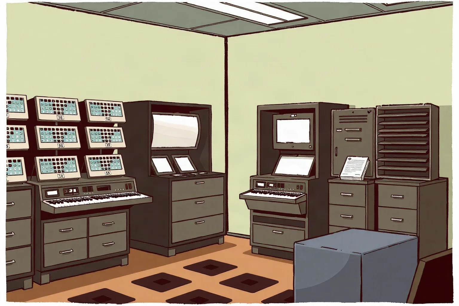 Illustration of a room-sized 1940s computer with punch-card readers and large cabinets