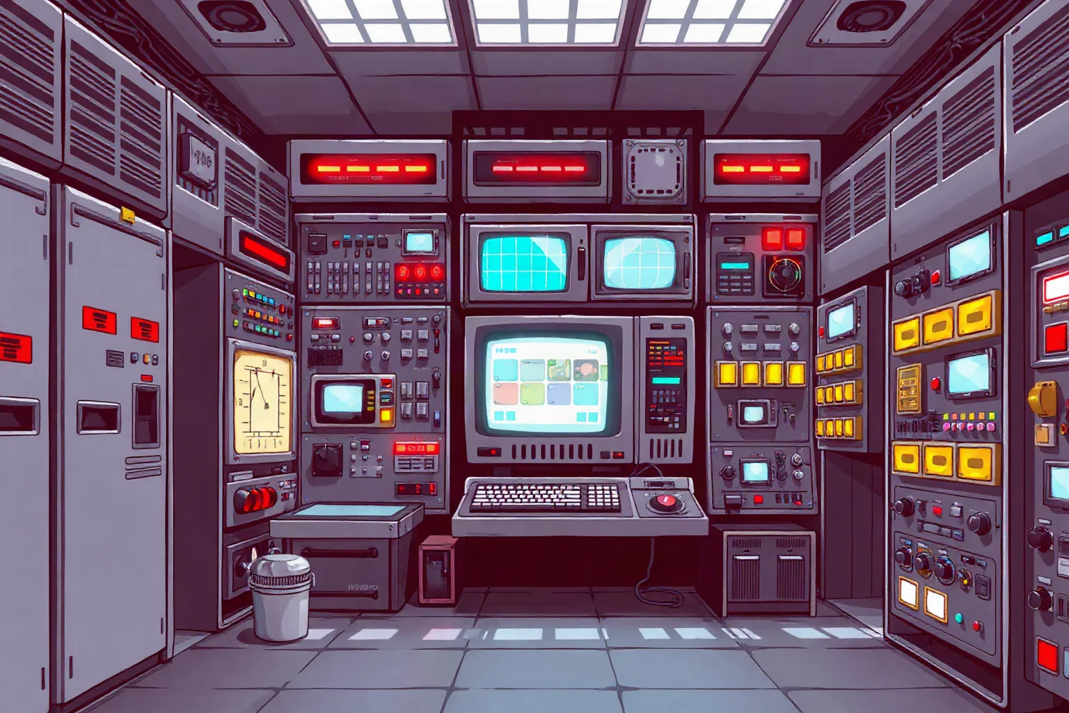 Illustration of a room-sized vintage computer with large panels, switches, and blinking lights