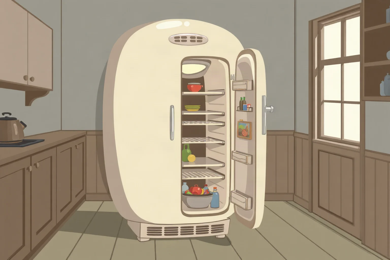 Illustration of a rounded 1920s electric refrigerator in a simple kitchen, one door open showing shelves