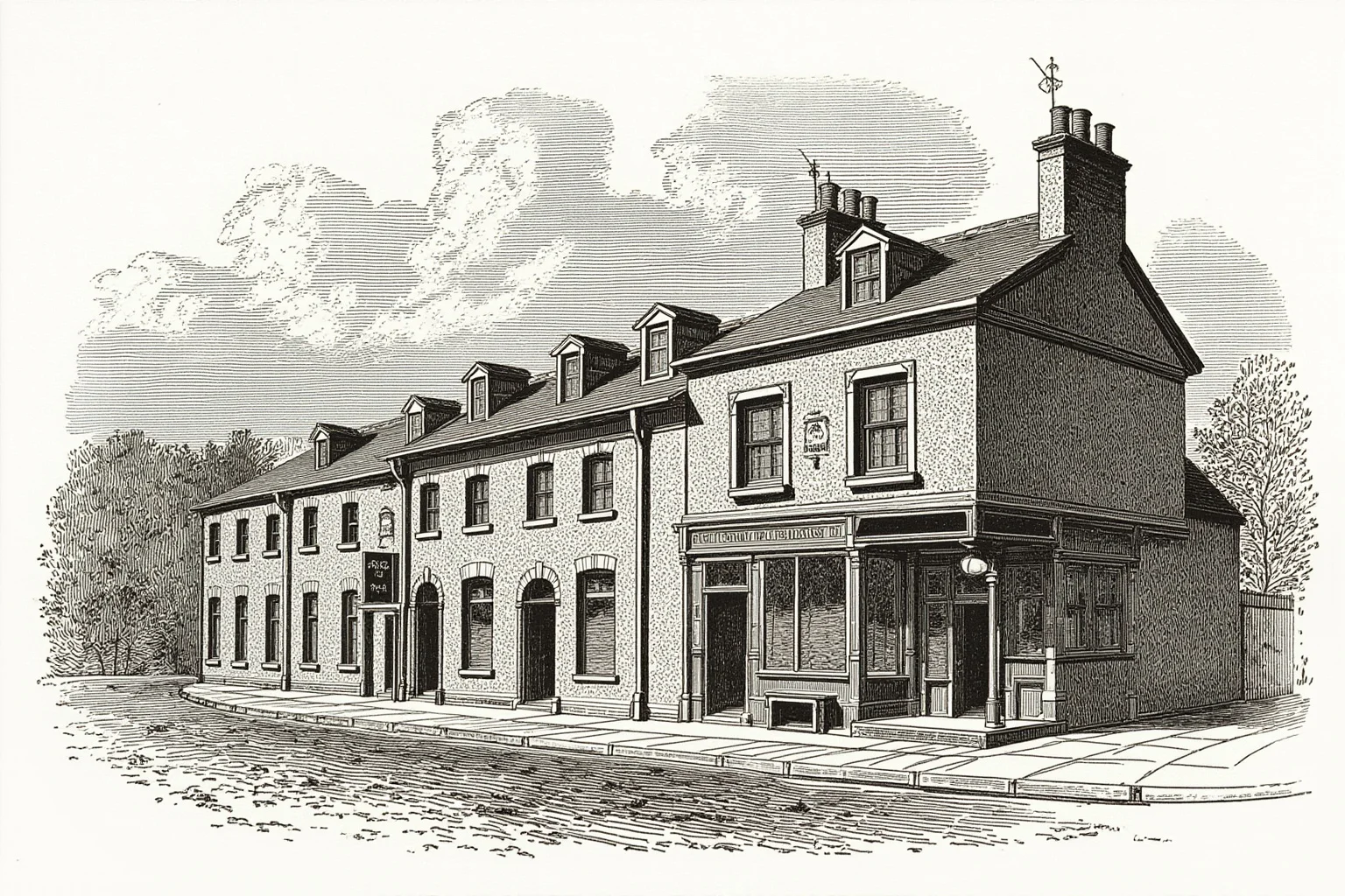 How an All-Female Gang Changed the Face of Crime in 19th Century London 5 Illustration of a row of terraced houses and a corner pub in a working-class Victorian London neighborhood