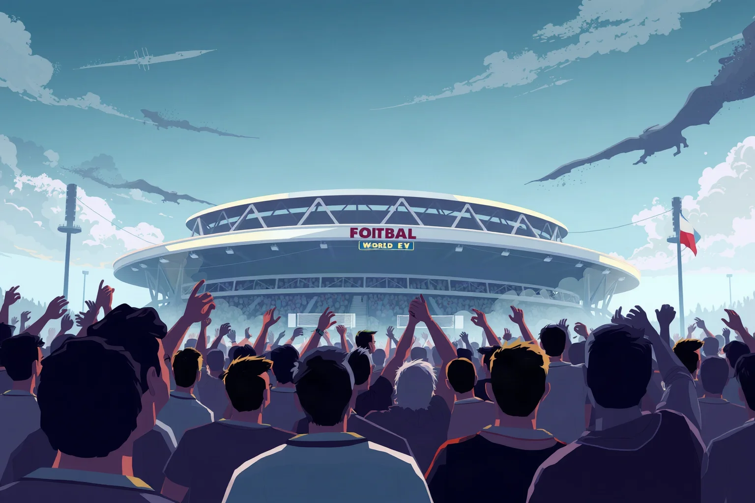 Illustration of a rowdy soccer crowd outside a stadium, tense atmosphere, no real people