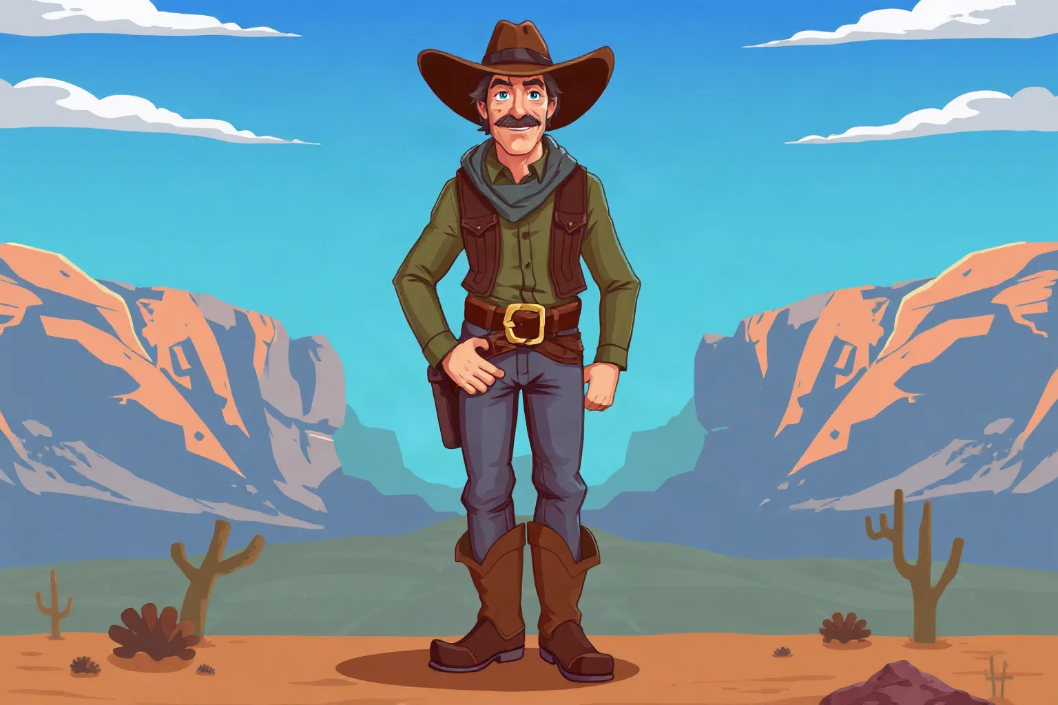 Illustration of a rugged cowboy figure in a wide-brim hat and boots standing before a desert canyon backdrop