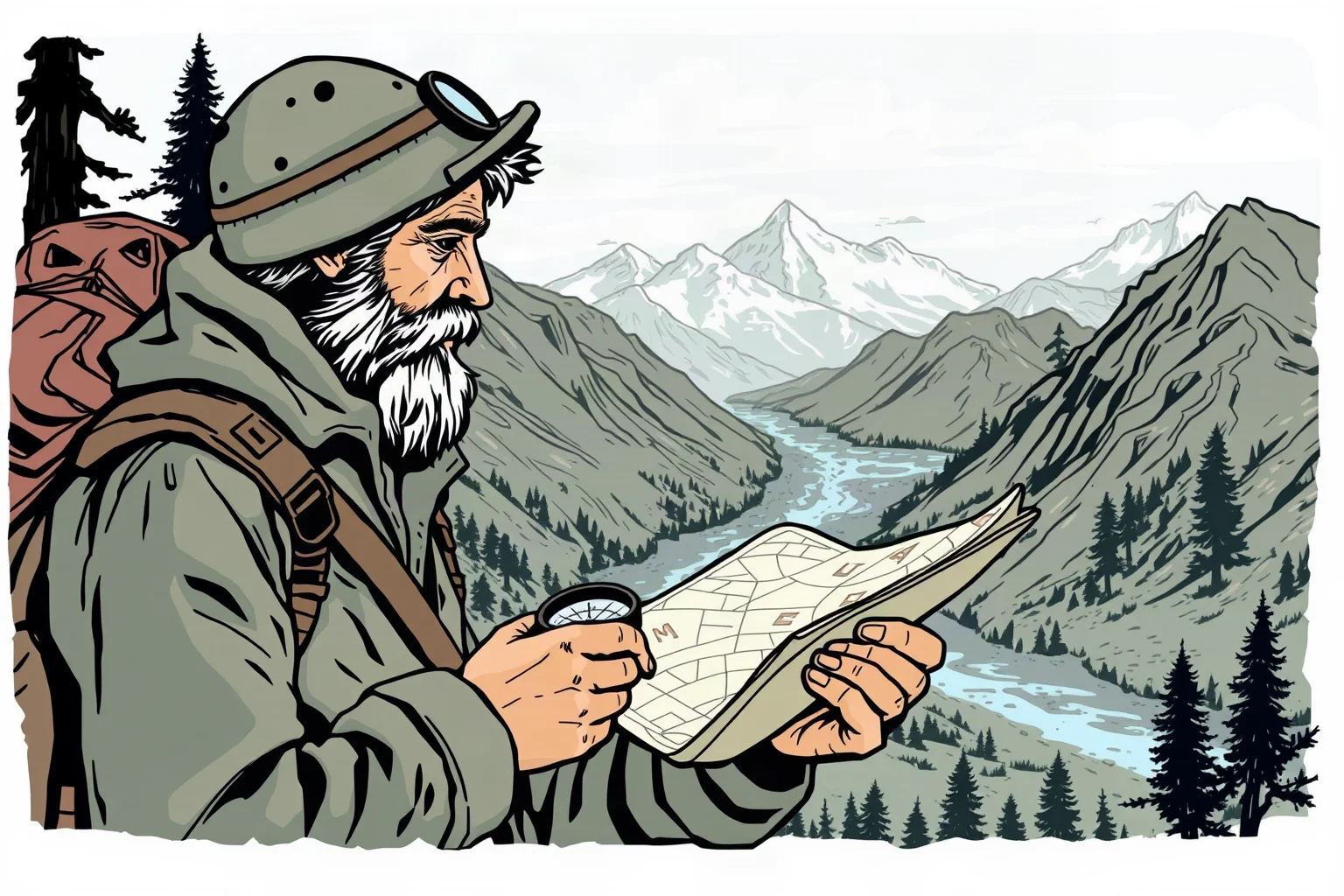 Illustration of a rugged explorer with a compass and map studying mountains and rivers, 1800s wilderness expedition art style