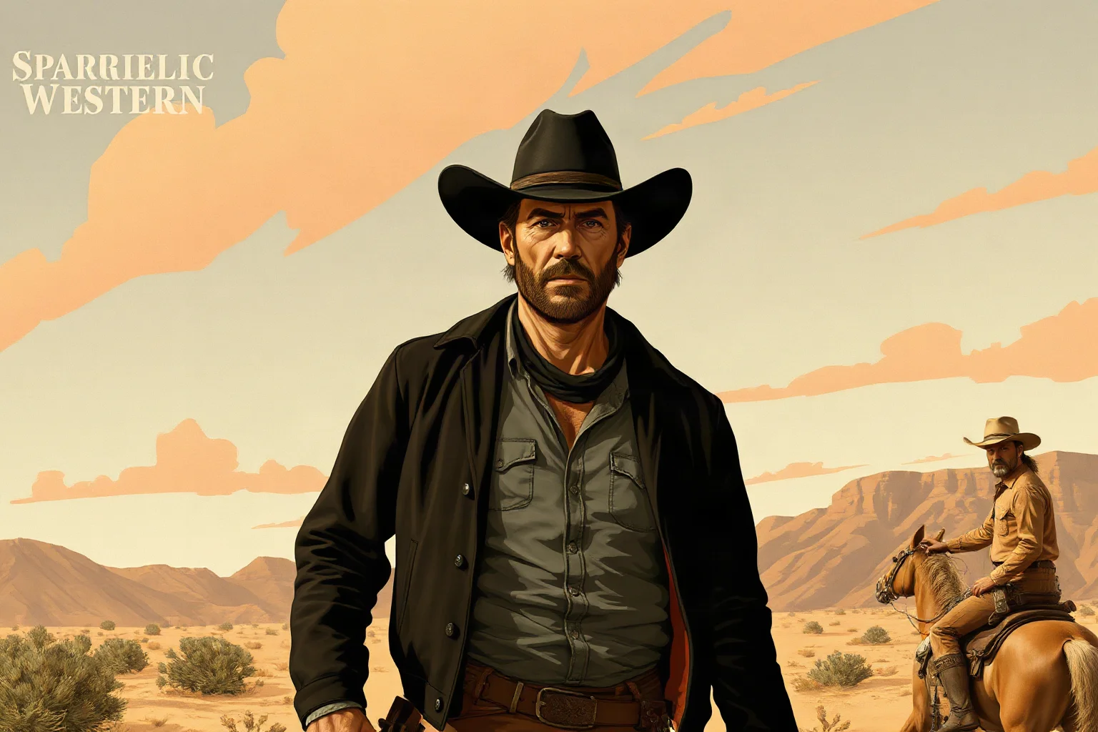 Illustration of a rugged western film character standing against a desert backdrop, spaghetti-western poster art style