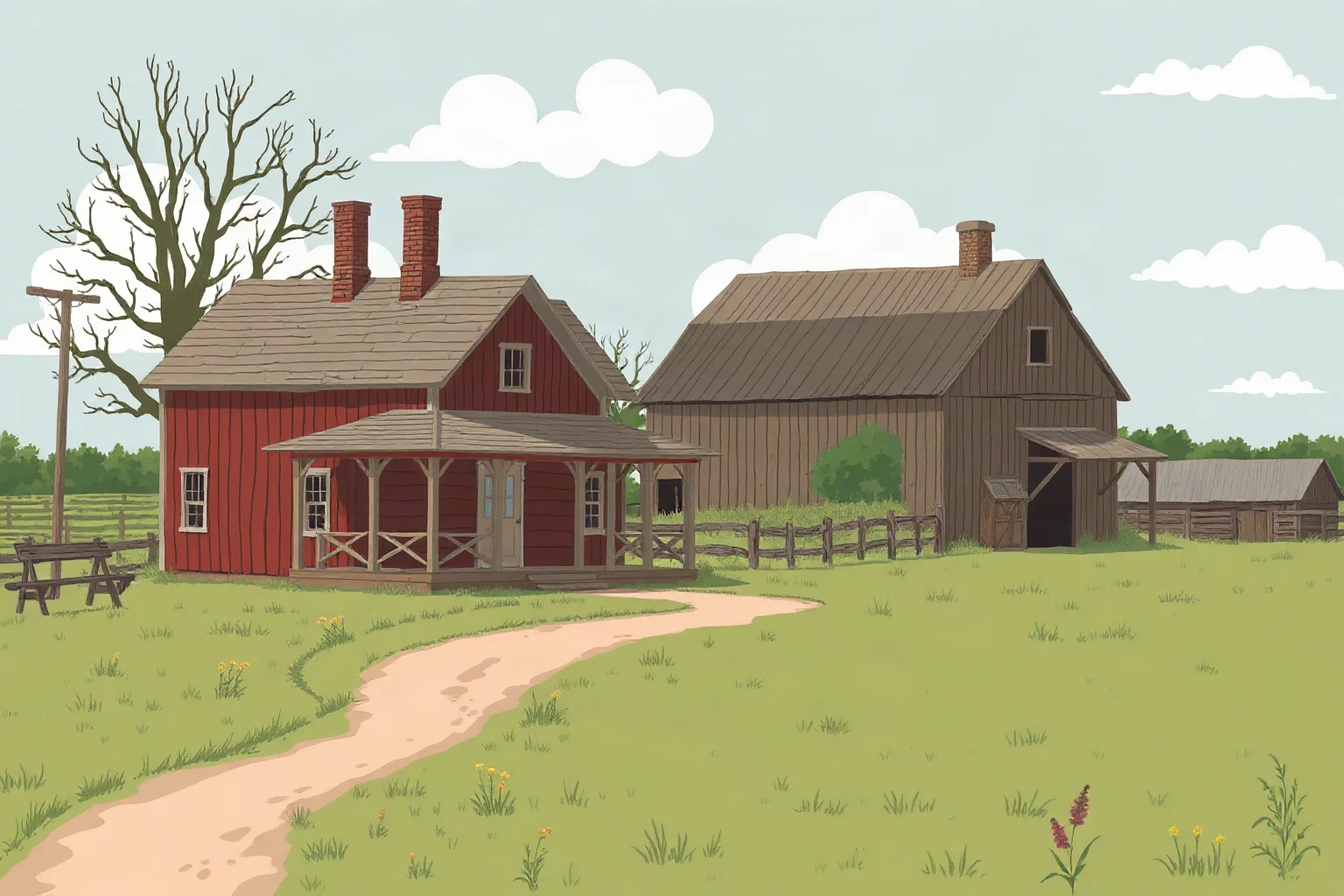 Illustration of a rural early 1900s American farmhouse with an old barn and open fields