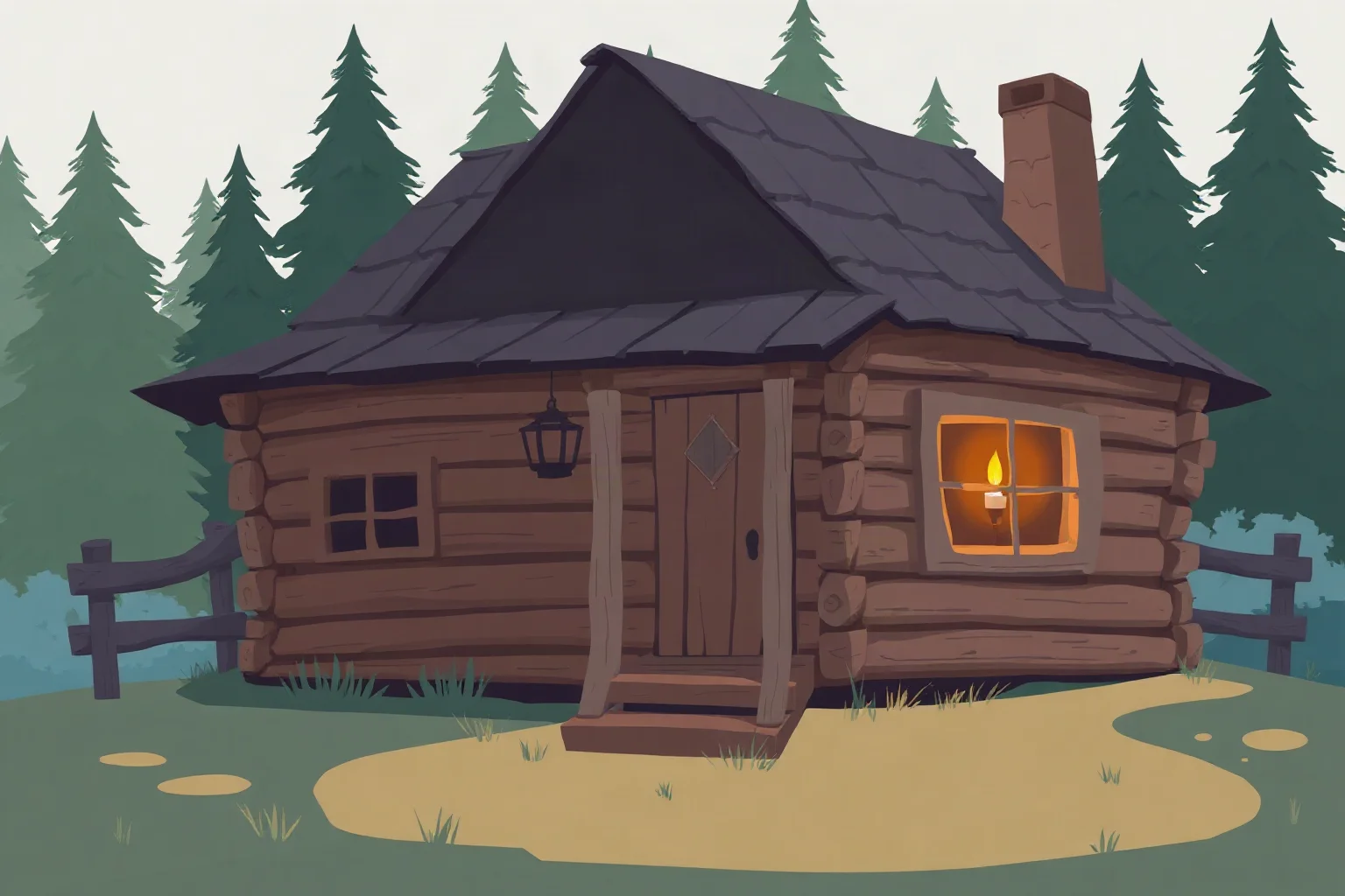 Illustration of a rustic countryside cabin with a single candle in the window, quiet forest setting