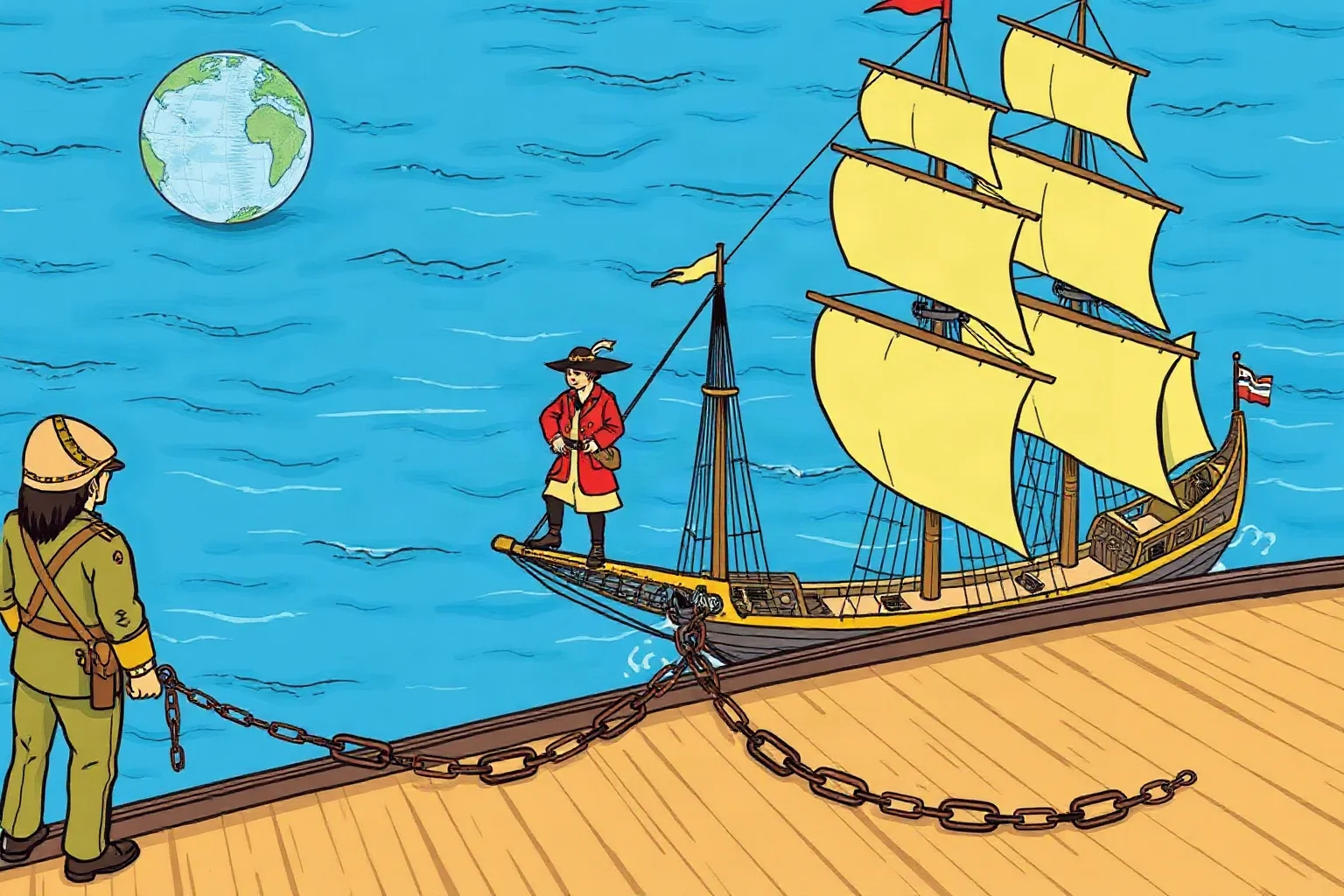 Illustration of a sailing ship being escorted back across the ocean under guard, chains visible on the deck