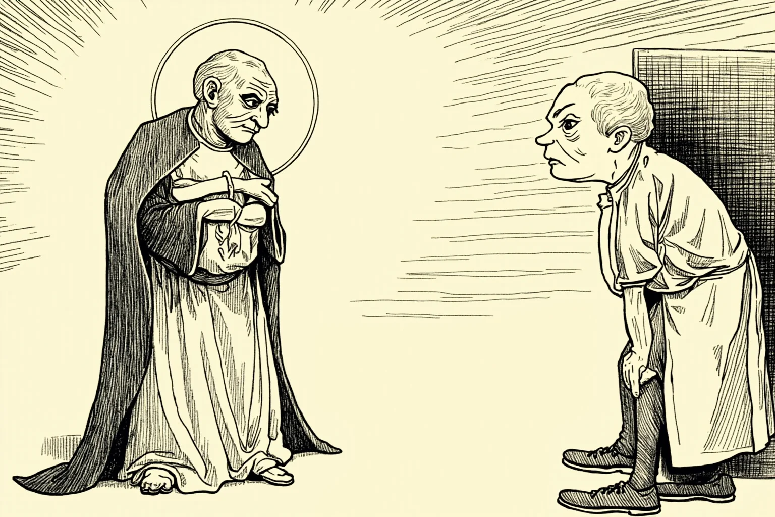 26 Famous Mark Twain Quotes (And the Ones He Never Actually Said) 20 Illustration of a saintly figure with a halo being side-eyed by an annoyed neighbor, comic tone