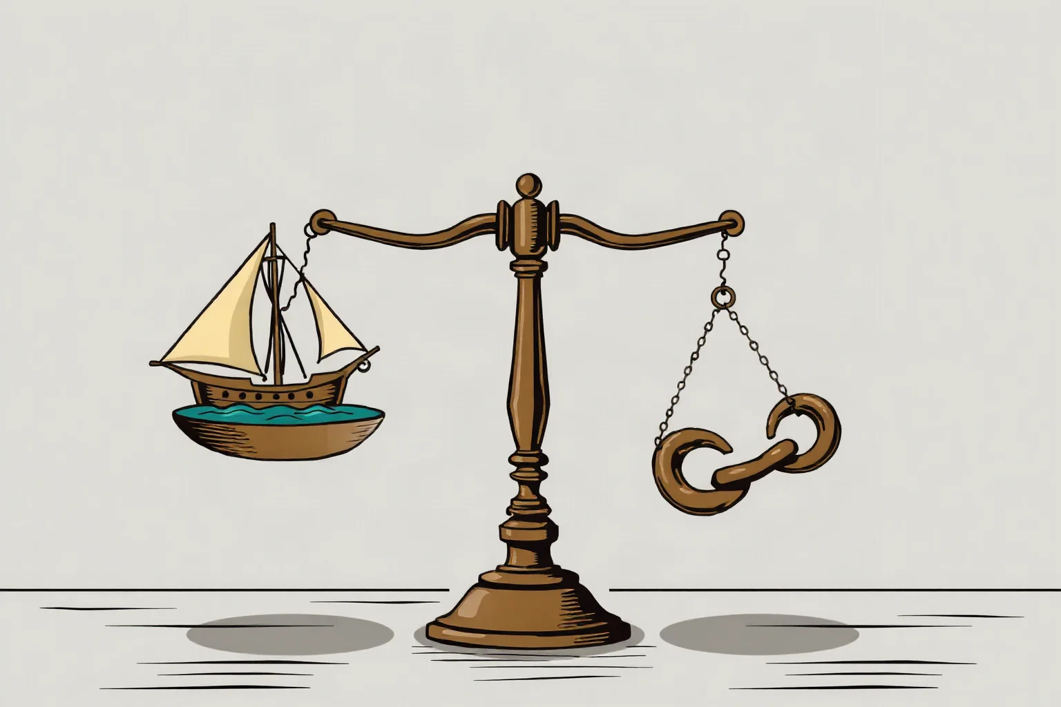 Illustration of a scale balancing an old ship on one side and a broken chain on the other, symbolizing historical debate